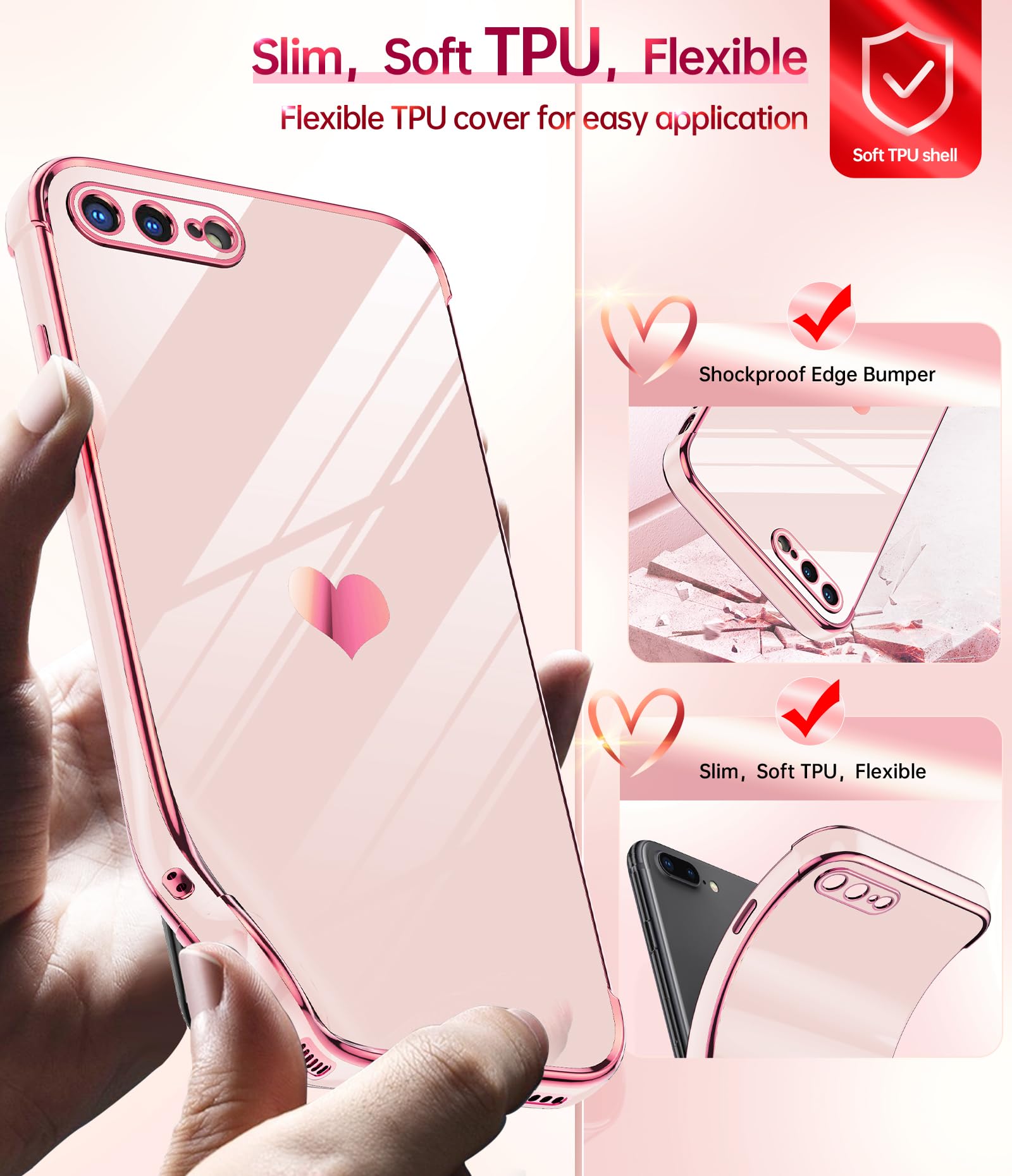 Shockproof iPhone 7 Plus/8 Plus Case with Tempered Glass Screen Protector (2 Pack) - Heart Design Full Camera Protection Pink Phone Cover - Perfect for Daily Use, Travel & Gift Giving