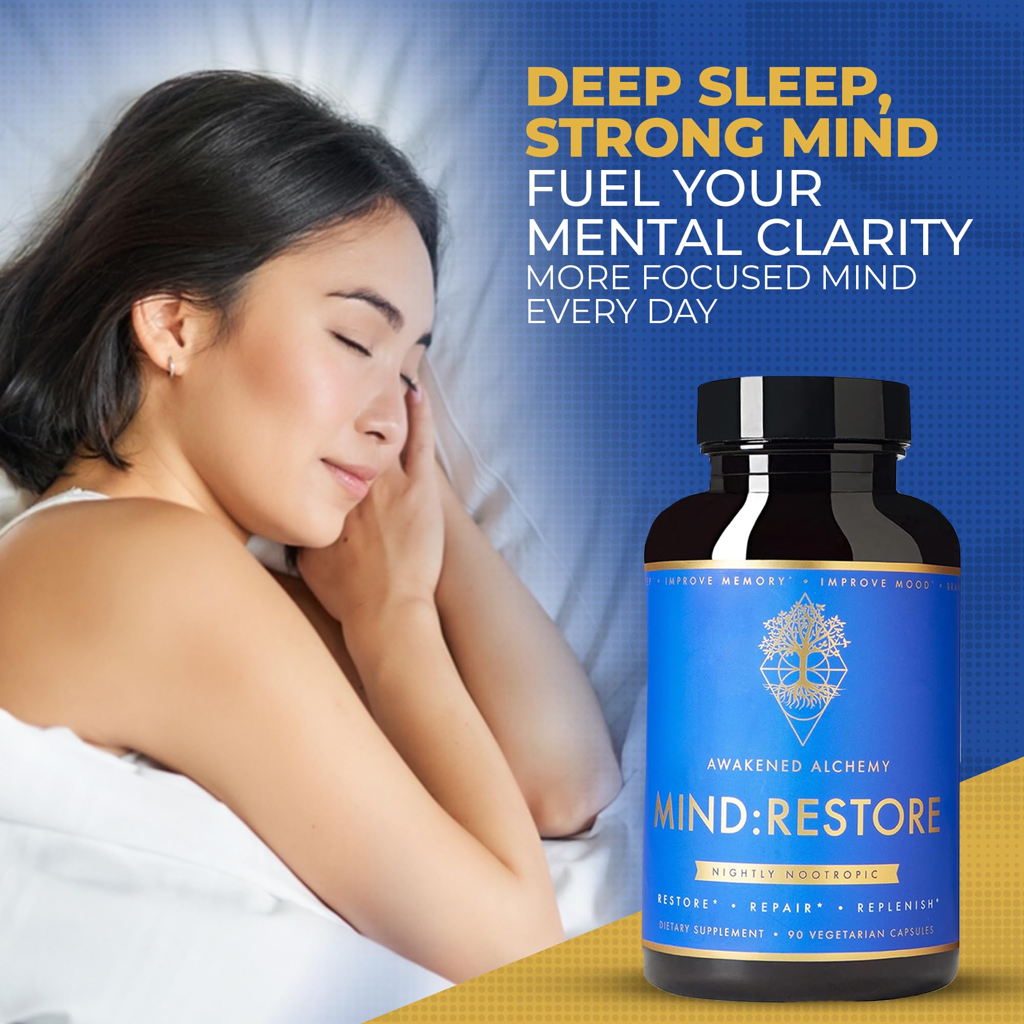 Mind:Restore Premium Nighttime Nootropic Supplement - Advanced Natural Brain Nutrition for Restorative Sleep, Memory & Mood Support | 9 Premium Ingredients (90 Capsules) | Ideal for Stress Relief, Focus & Cognitive Recovery Before Bed