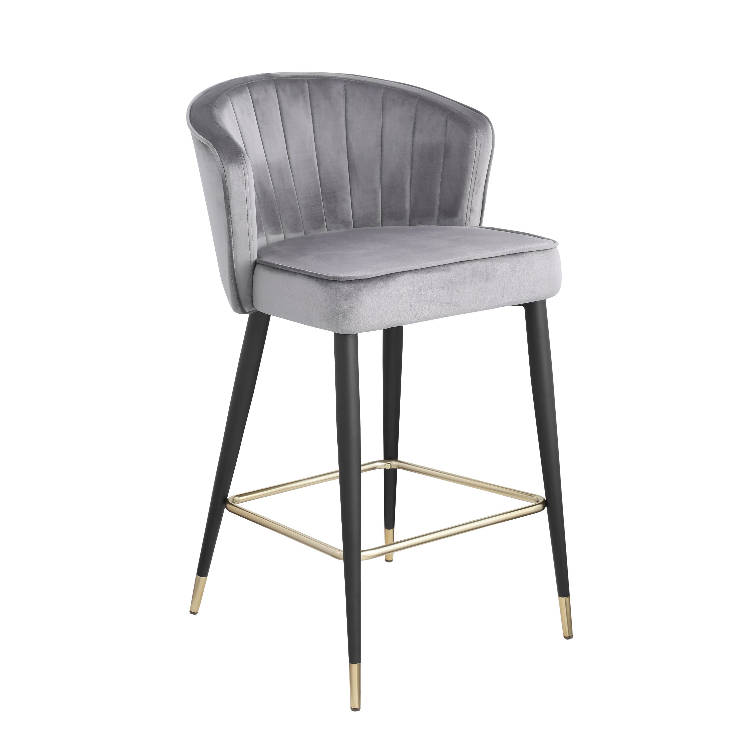 Modern Velvet Counter Height Bar Stool with Deep Channel Tufting & Gold-Tipped Black Metal Legs - 20
