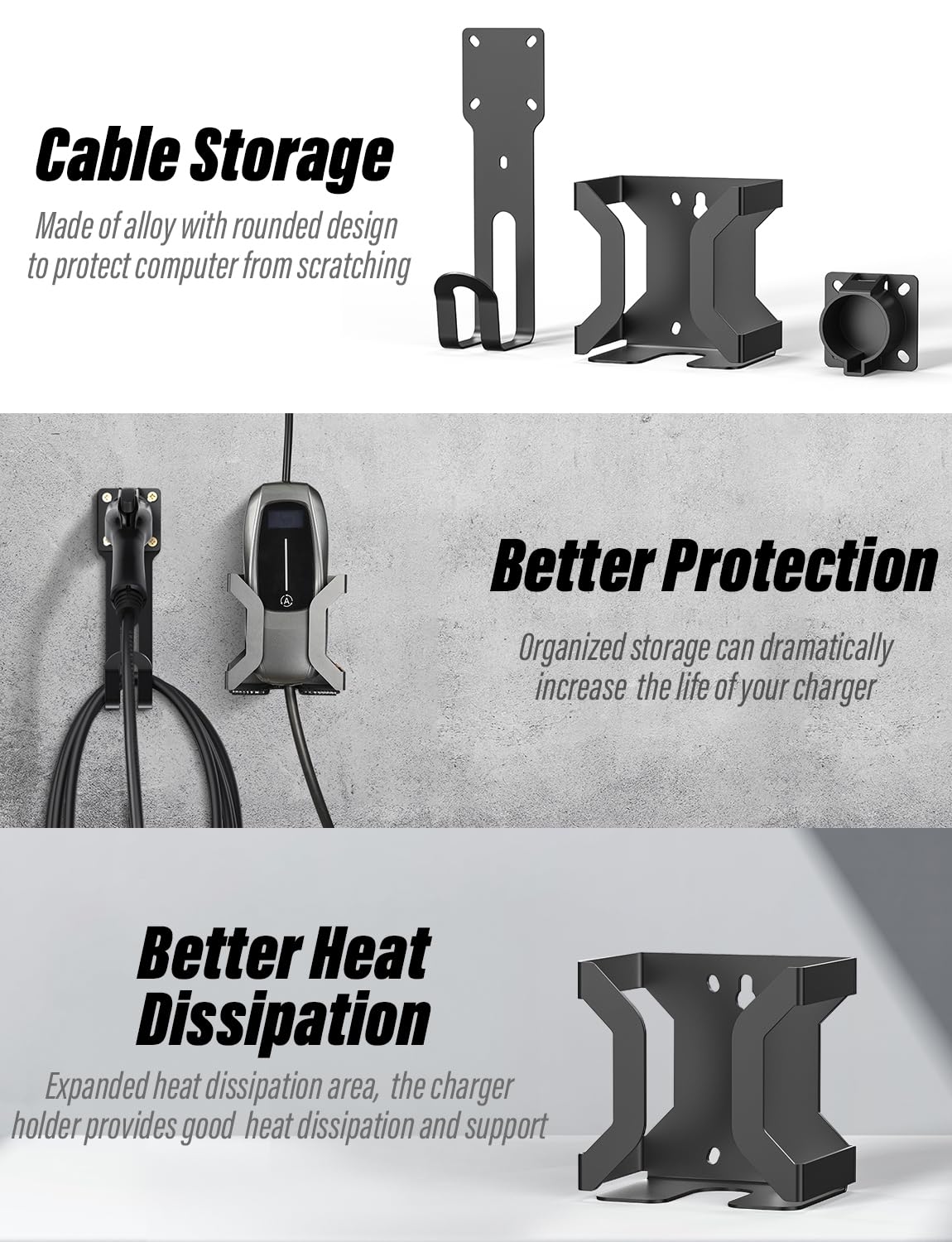 BMZX J1772 EV Charger Holder - Wall Mount Kit & Cable Organizer for Electric Car Charging Station - Nozzle Holster Dock & J-Hook - Perfect for Home & Public Charging Stations