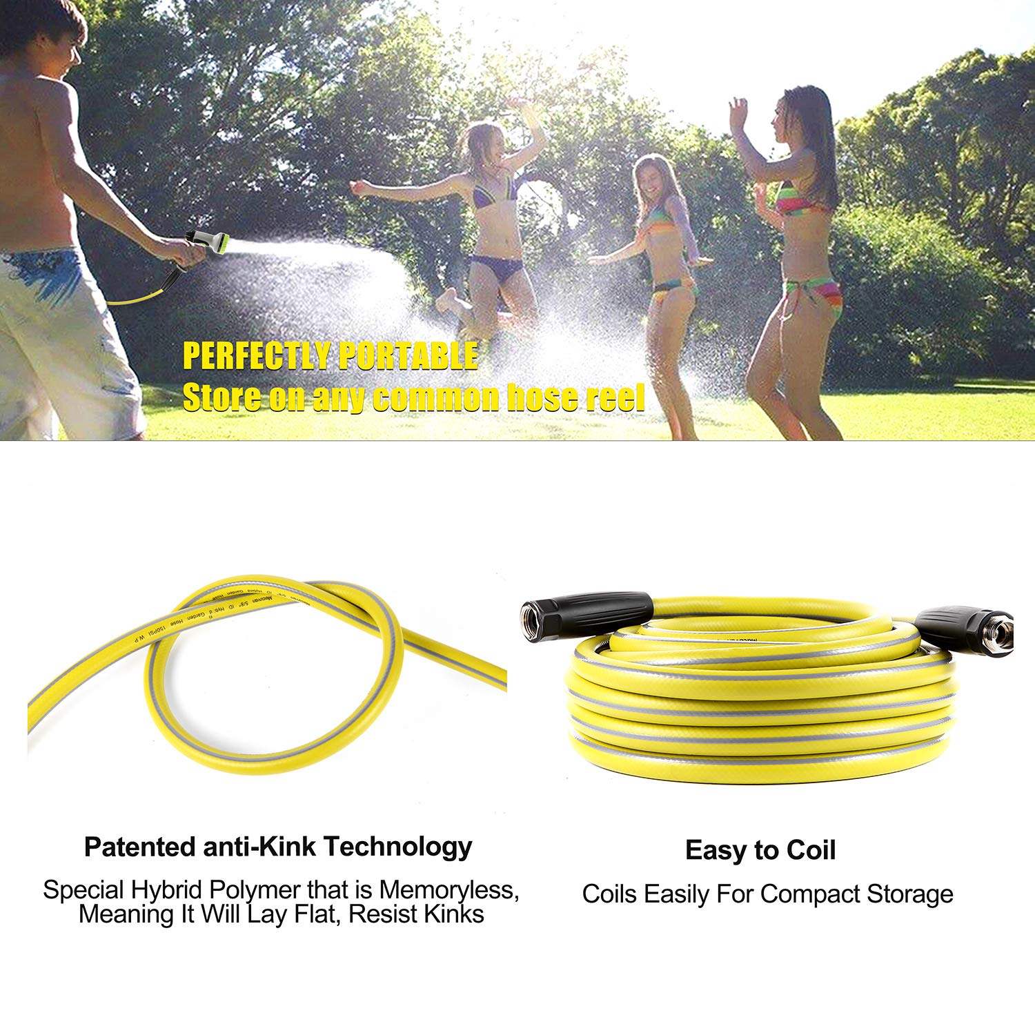 100 ft Heavy Duty Garden Hose with 9-Way Spray Nozzle - Flexible 4-Layer Hybrid Design, 3/4