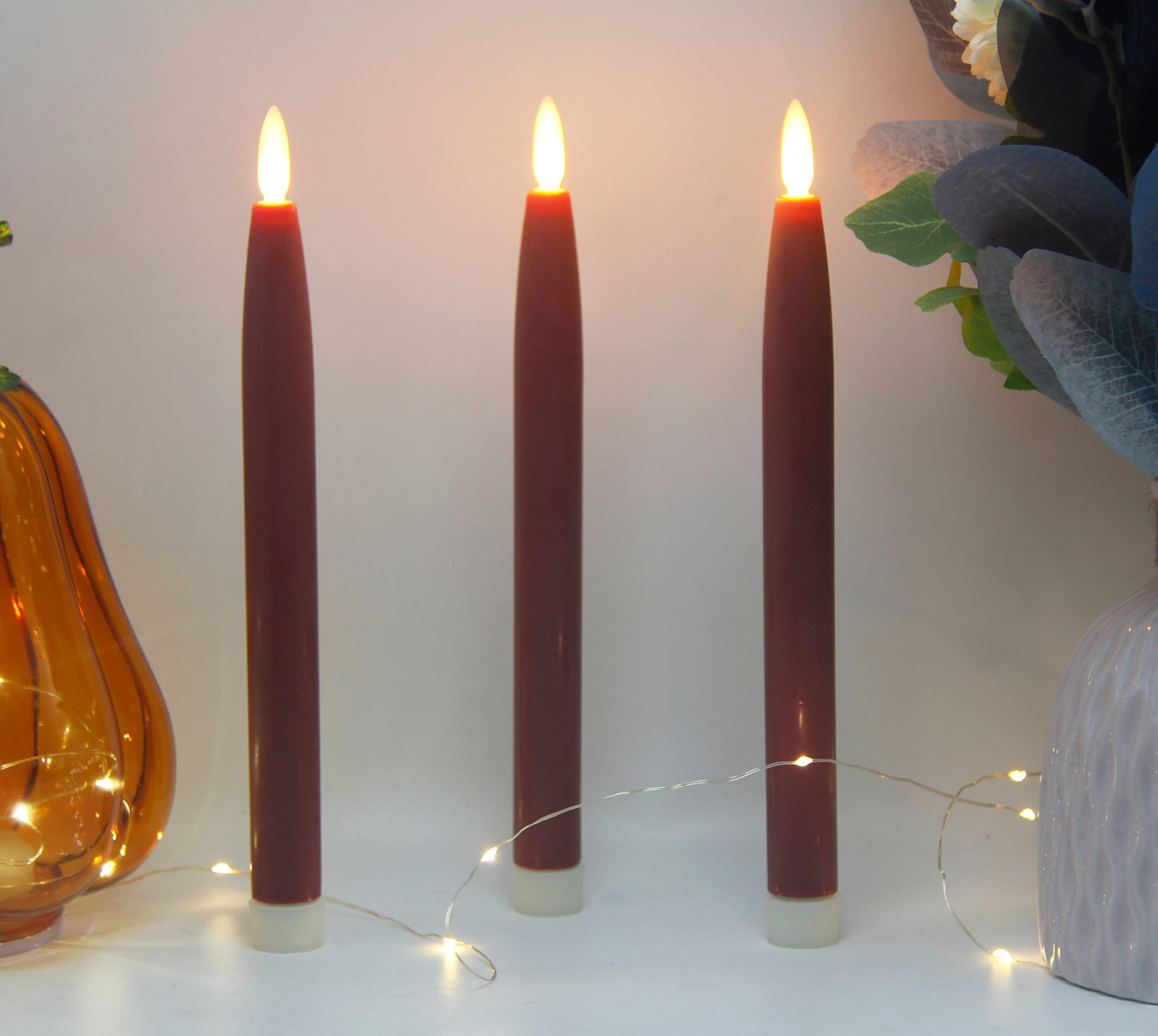 Battery Operated Flameless Taper Candles with Timer & Remote - Set of 3 Real Wax LED Tapered Dinner Candles for Windows, Dining Tables, Christmas Decorations, Wedding Centerpieces (Red) - Perfect for Holiday Lighting, Romantic Dinners & Home Decor