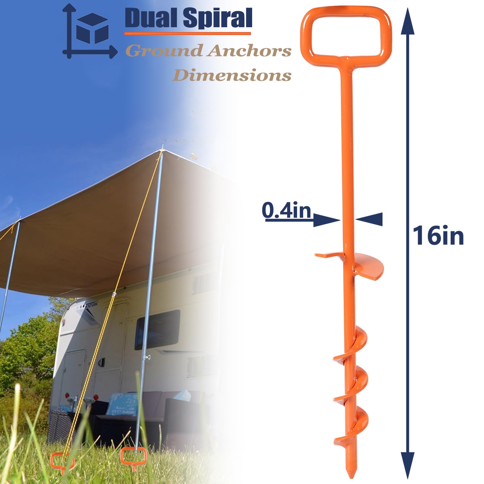 16-Inch Heavy Duty Screw-In Tent Stakes & Ground Anchors Kit - 12PCS Orange with Adapter for Secure Camping, RV, Mobile Home & Tree Straightening - Perfect for Outdoor Adventures, Storms & Windy Conditions