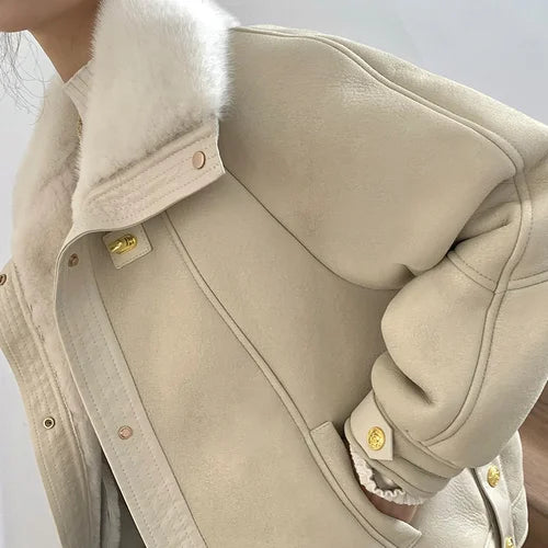2023 Women's Natural Sheepskin Leather Jacket with 100% Real Mink Fur Lining - Winter Shearling Coat for Women (Style Gxy1207) | Warm & Stylish Outerwear for Cold Weather, Date Nights & Winter Travel