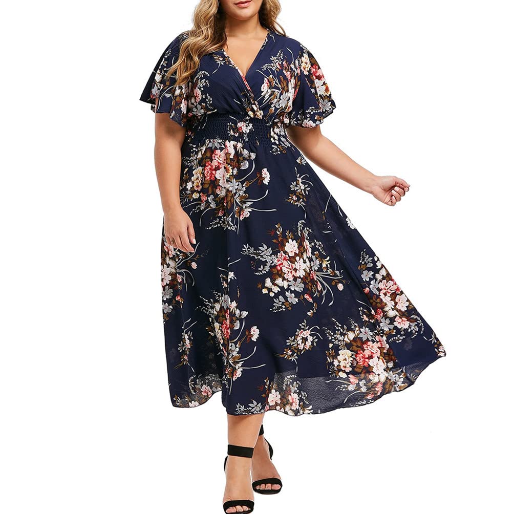 Plus Size Floral Print V-Neck Short Sleeve Casual Dress for Women - Oversized Loose Fit Summer Dress for Beach, Vacation & Everyday Wear