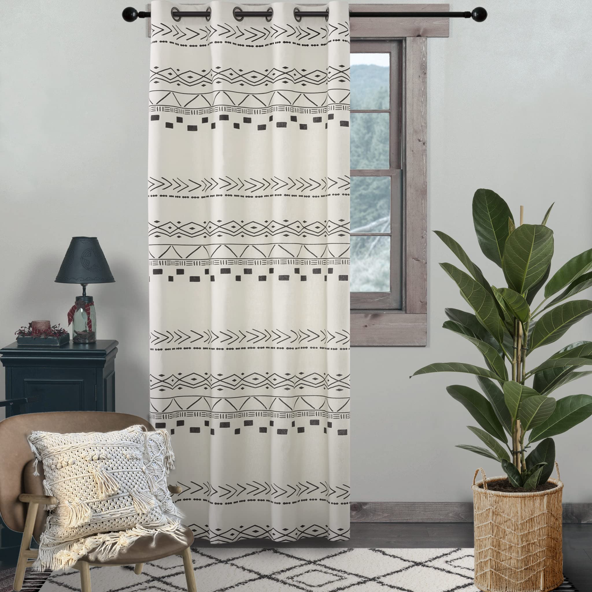 Farmhouse Curtains for Living Room & Bedroom - Neutral Country Semi Blackout Boho Drapes in Off White, Ivory Cream & Black - 84 Inch Length - Perfect for Cozy Farmhouse Decor & Light Control