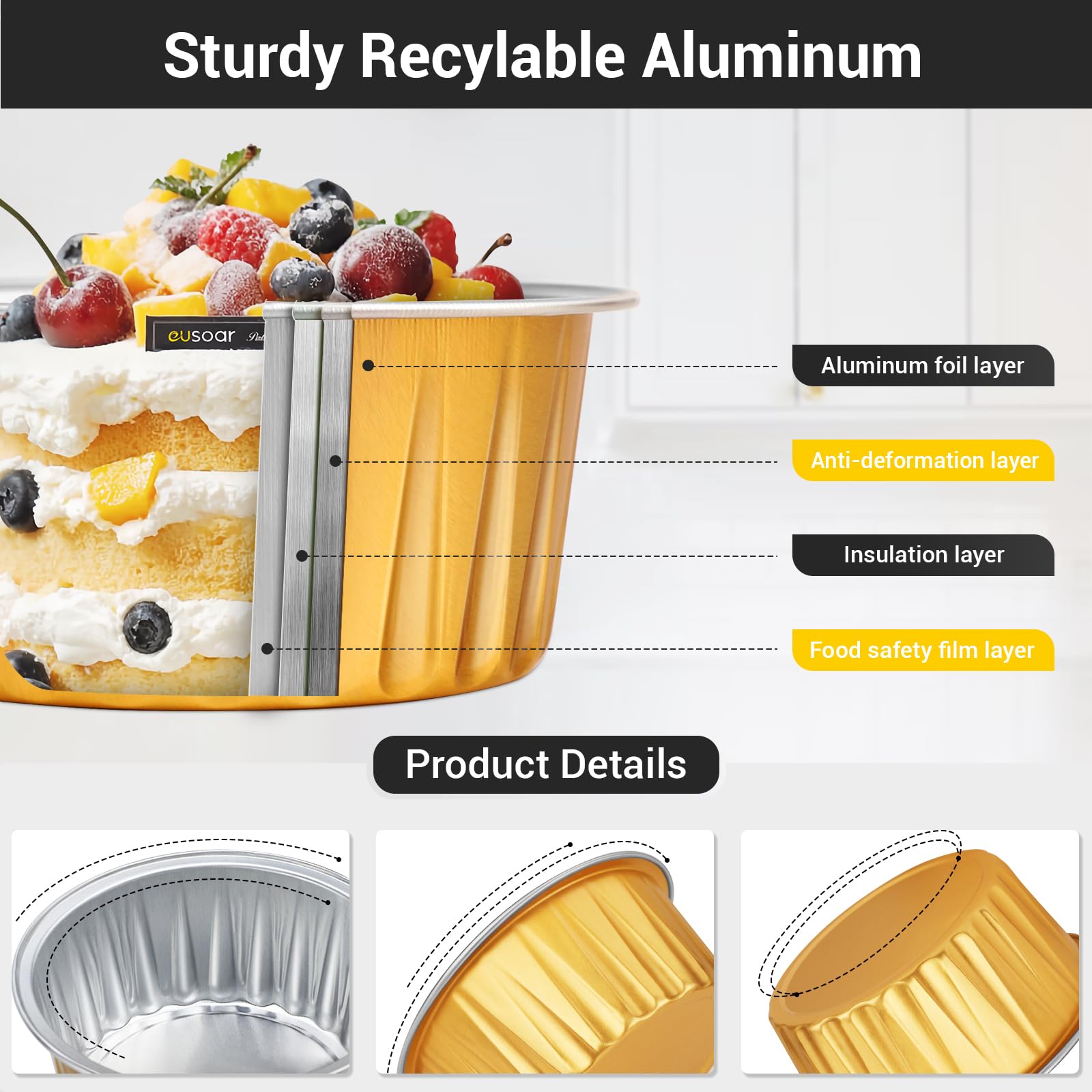 EUSOAR 50-Pack 5oz Disposable Gold Aluminum Foil Baking Cups with Lids - Mini Ramekins for Creme Brulee, Cupcakes, Cheesecake & Flan - Perfect for Party Favors, Birthday Desserts & Baking Needs