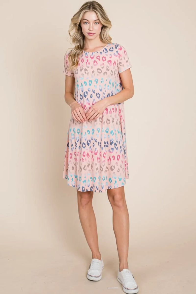 BOMBOM Women's Leopard Print Round Neck Short Sleeve Summer Dress - Perfect for Beach Vacation, Party & Casual Wear