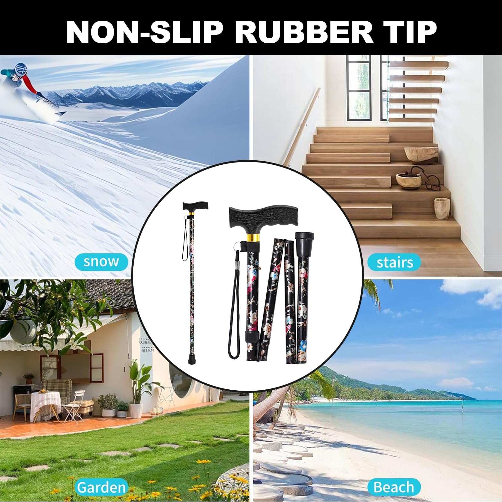 Adjustable Folding Walking Cane for Men & Women - 5-Level Height Portable Mobility Aid with Comfortable T-Handle - Ideal for Elderly Support, Injury Recovery, and Daily Walking Assistance
