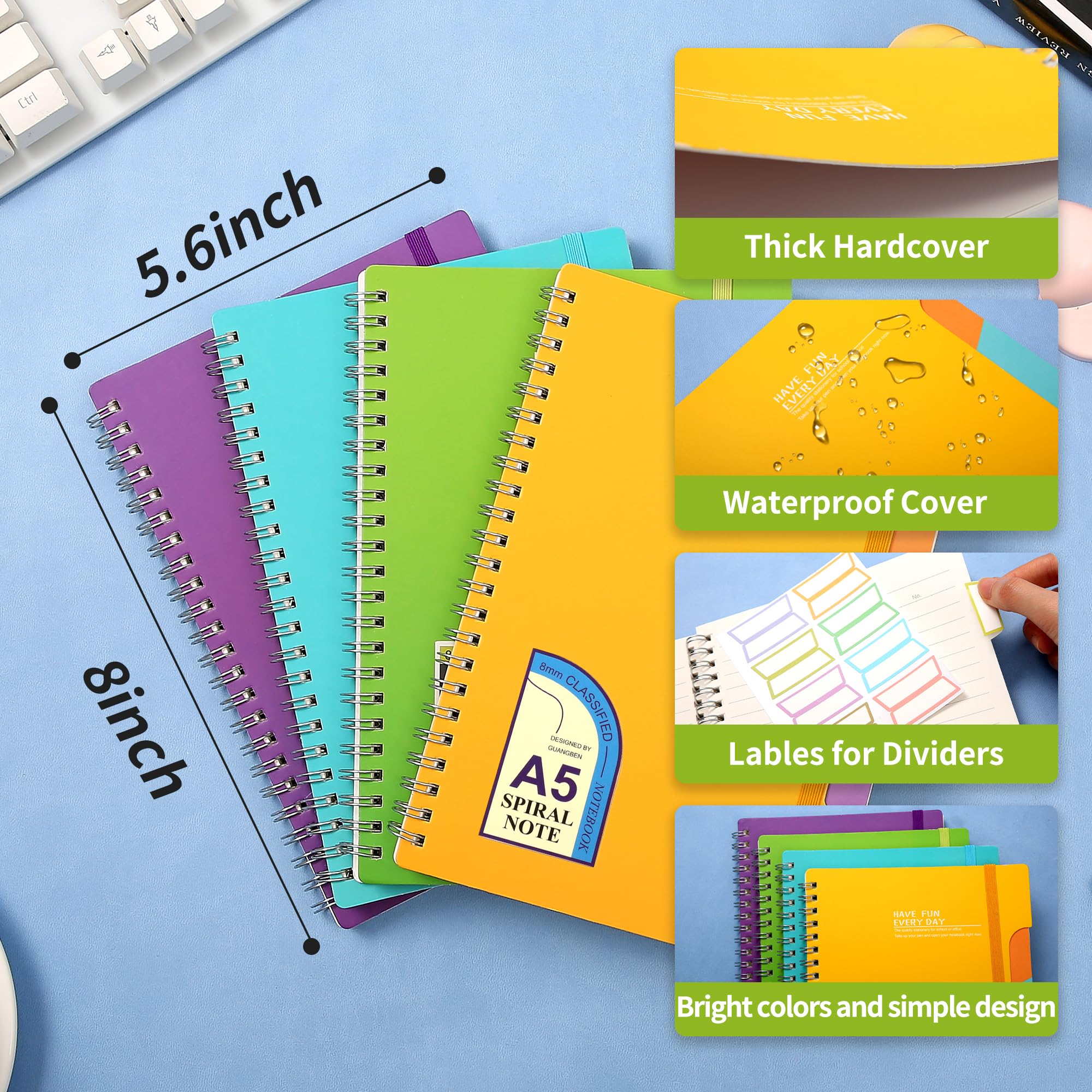 CAGIE 5x7 Spiral Notebook 4-Pack - College Ruled Lined Notebooks for School, Office & Journaling - 320 Sheets Total - 4 Subject Hardcover Small Notebook with 8 Multicolor Stickers (Yellow, Green, Blue, Purple) - Perfect for Students, Professionals & Creative Writing