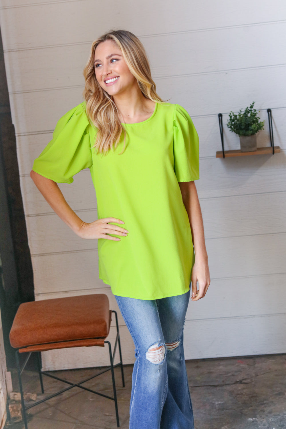 Stylish Neon Green Round Neck Puff Sleeve Crepe Blouse for Women | Trendy Casual & Party Wear | Perfect for Date Nights, Office Outfits & Summer Fashion