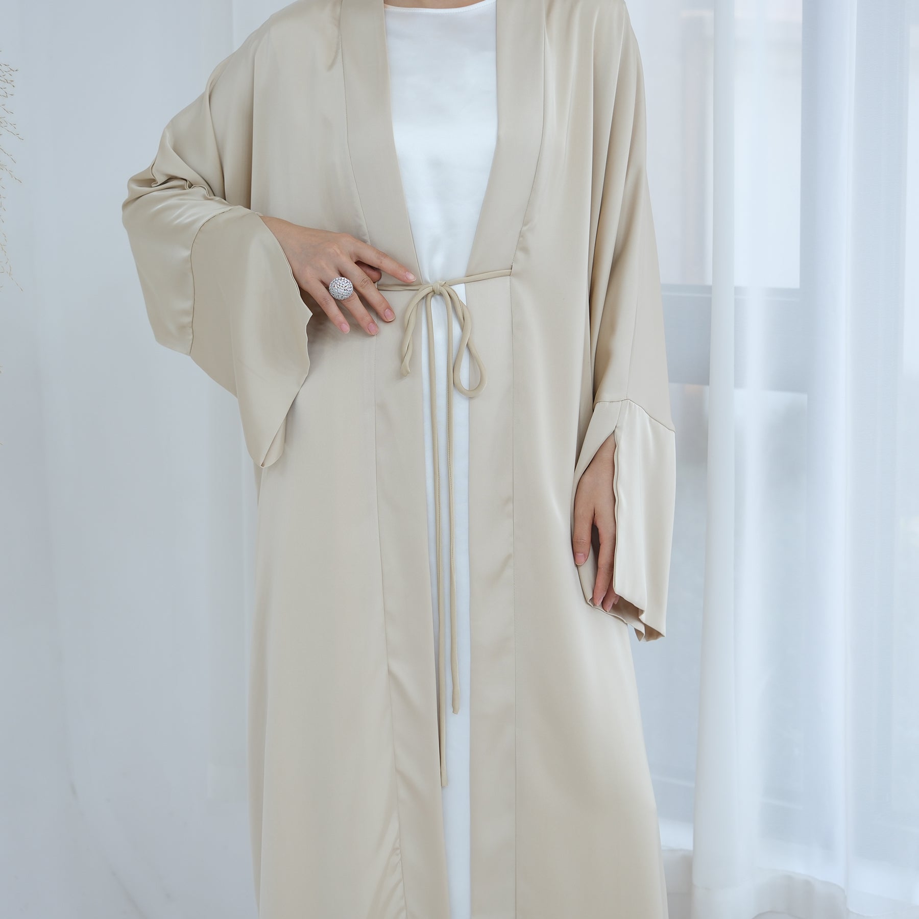 Lavinia Satin Open Abaya Beige - Elegant Muslim Prayer Dress for Women, Perfect for Mosque, Eid & Special Occasions