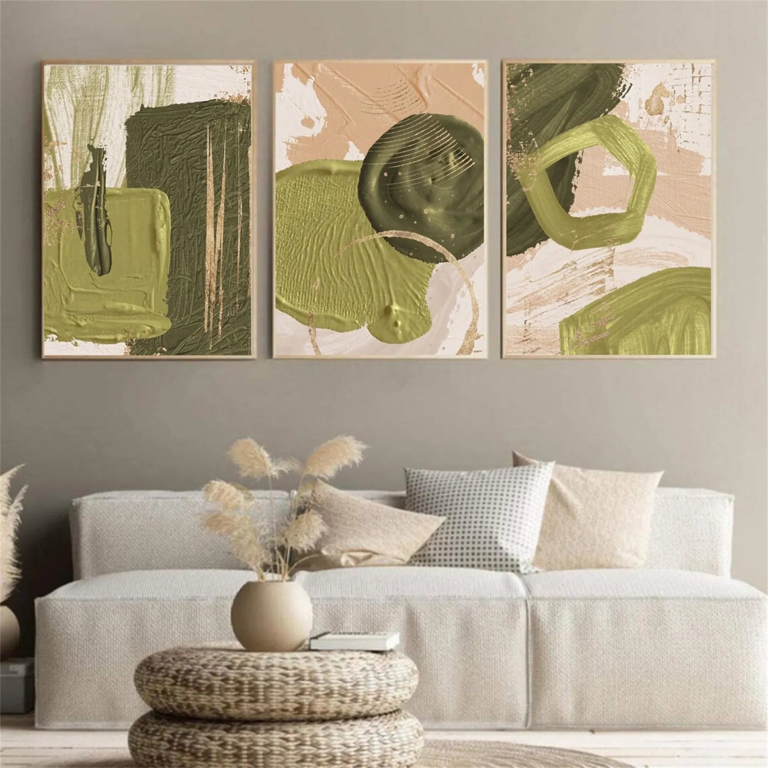 Abstract Blue & Green Wall Art Set of 3 Canvas Paintings - Modern Home Decor for Living Room, Bedroom & Office #BG083