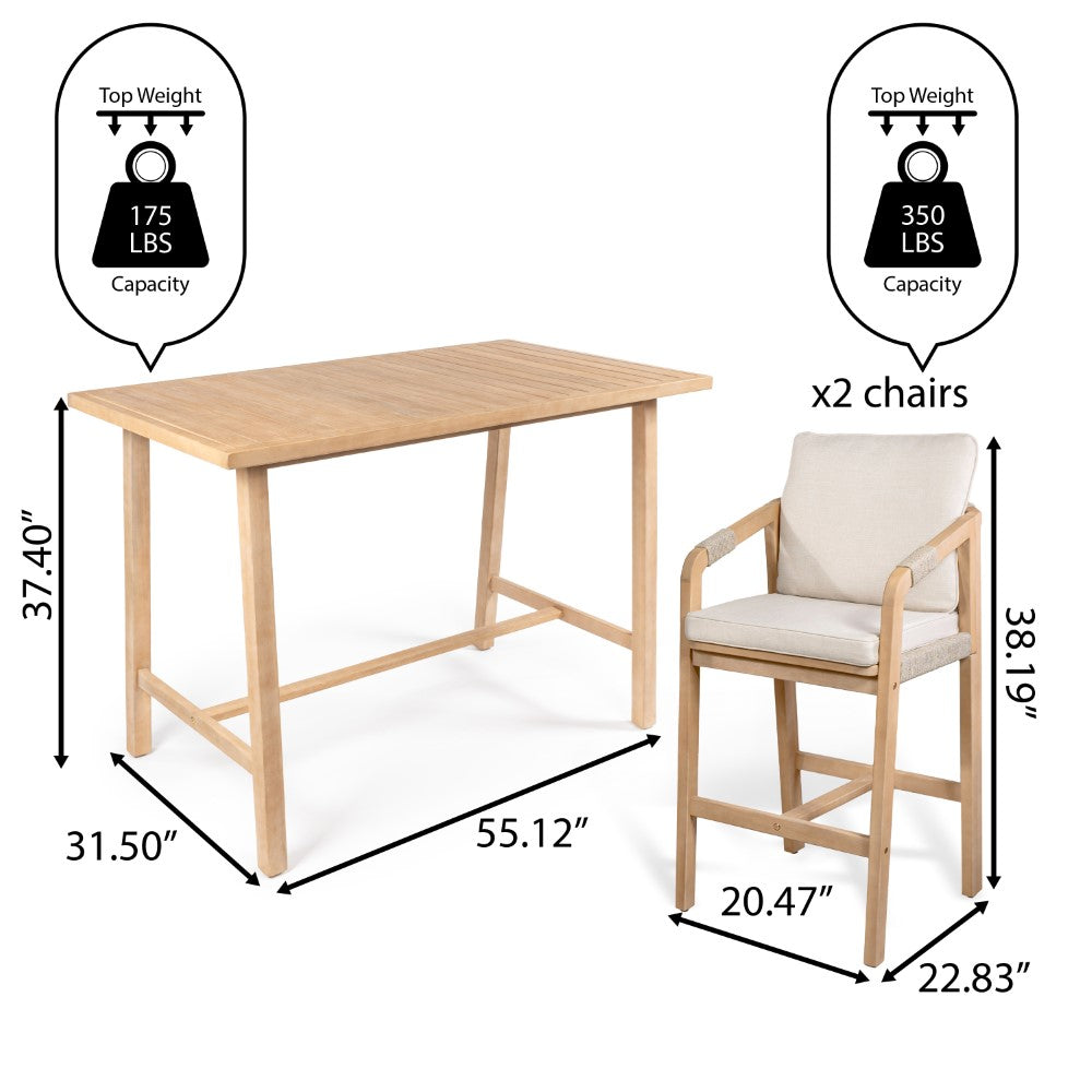 Porto Modern Coastal 3-Piece Acacia Wood Outdoor Bar Set with Weather-Resistant Cushions - Patio, Deck, Poolside & Backyard Dining Furniture for Entertaining
