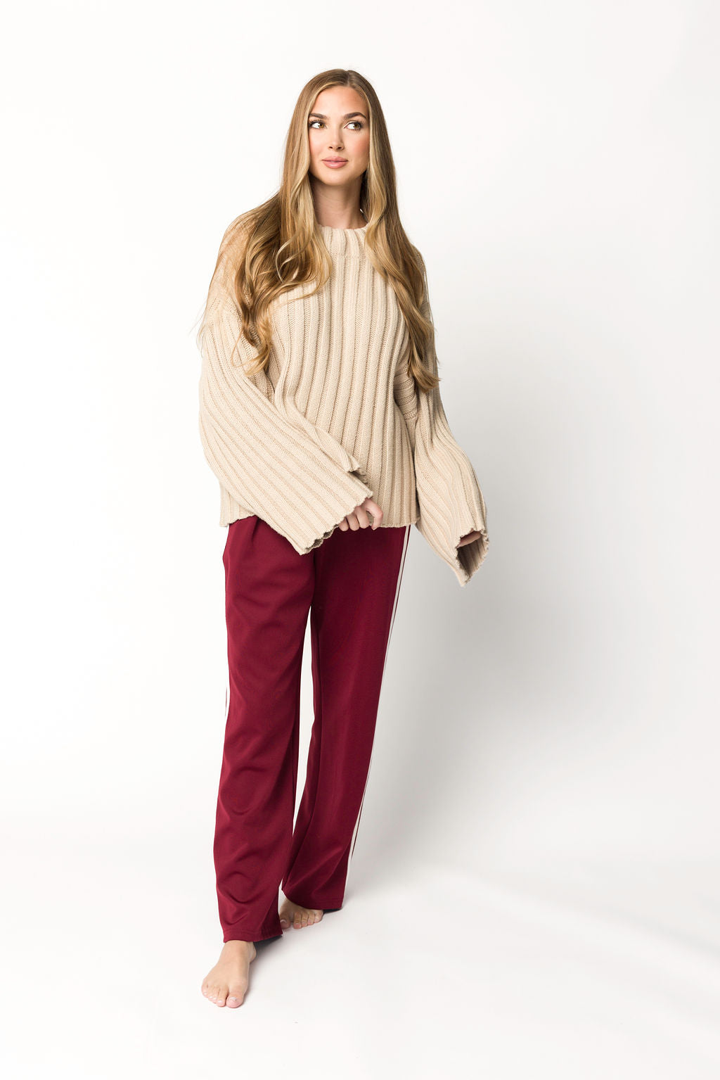 Sue Women's Burgundy Wide Leg Track Pants - Comfortable High Waisted Lounge Pants for Yoga, Running, Workout & Casual Wear