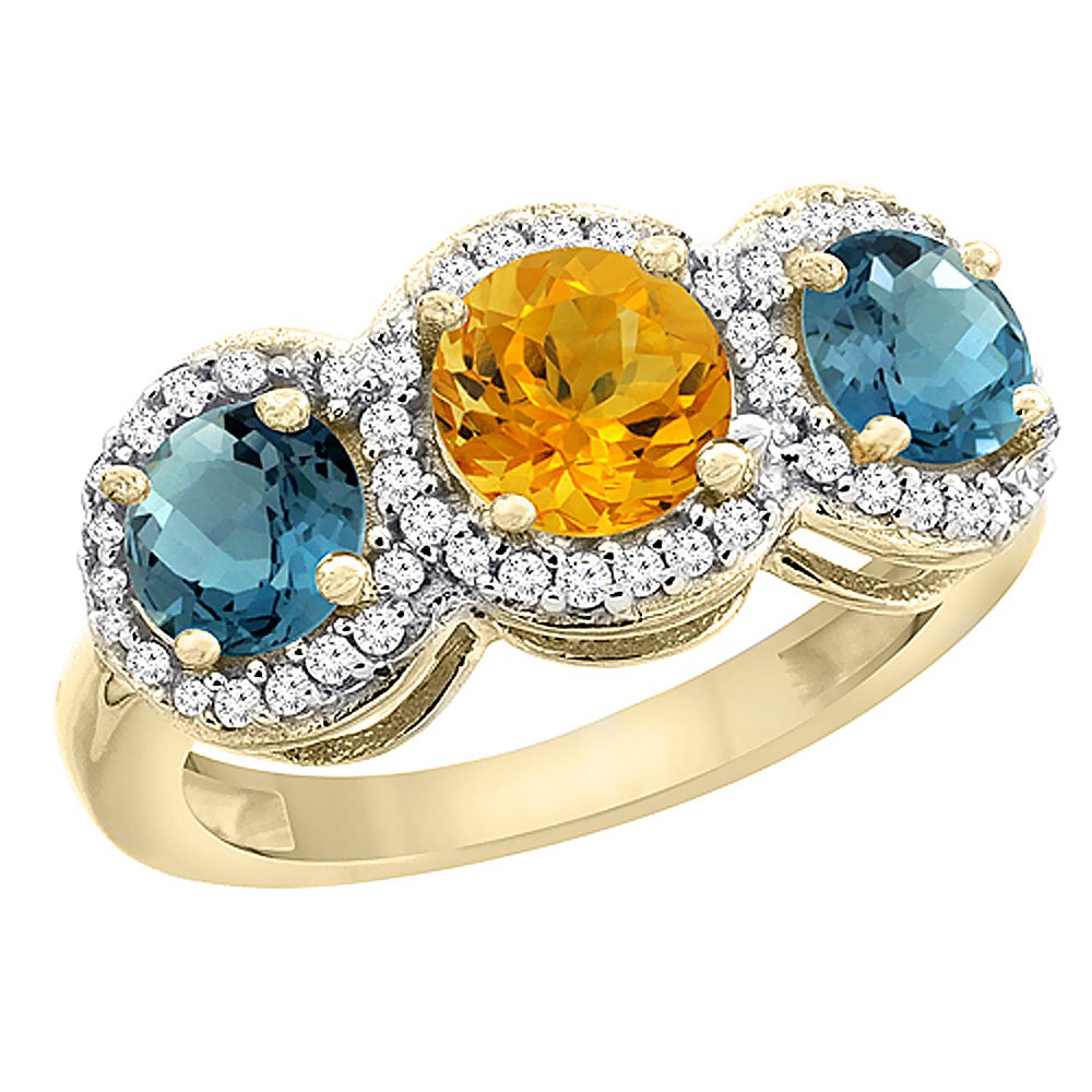 14K Yellow Gold Natural Citrine & London Blue Topaz Three Stone Ring with Diamond Accents - Size 5-10 - Perfect for Anniversary, Engagement & Everyday Elegance