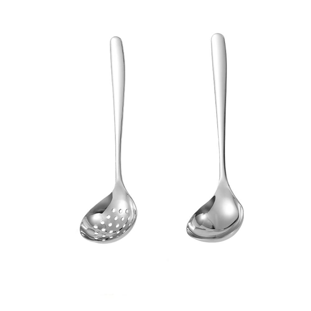 Premium Stainless Steel Soup Ladle & Slotted Colander Spoon Set - Long Handle for Hot Pot, Cooking & Serving - Ideal for Soups, Pasta & Kitchen Use - Silver