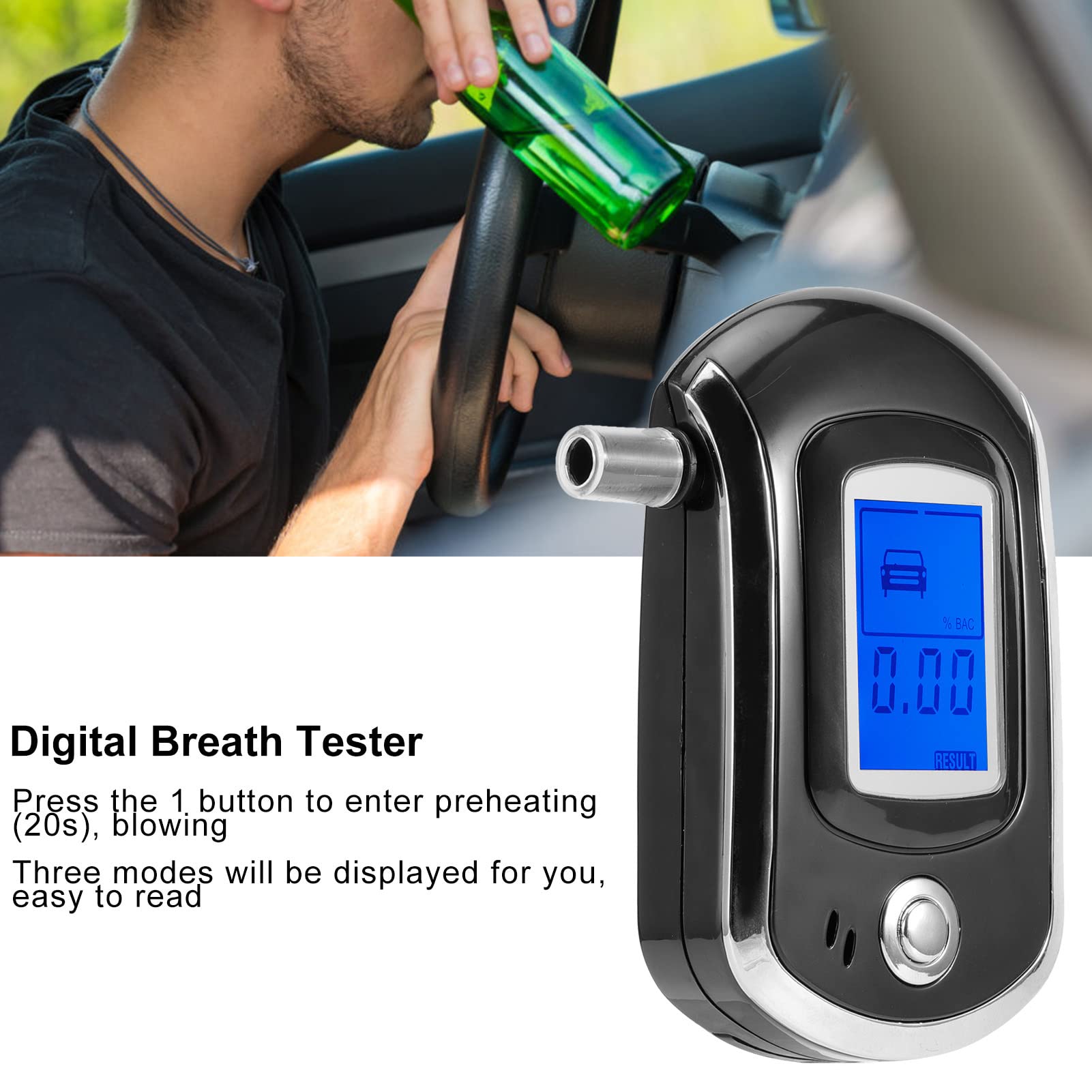 AT6000 Portable Breathalyzer with LCD Digital Display & Warning Function - Accurate Alcohol Tester for Personal, Workplace, and Road Safety Use