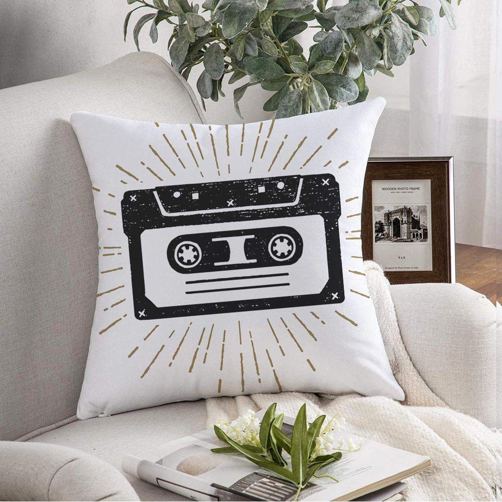 Vintage Mixtape Cassette Tape Throw Pillow Cover - 18x18 Inch Retro 80s Music Pop Art Decorative Cushion Case for Sofa, Bedroom & Car - Soft Hipster Style Home Decor Gift for Music Lovers