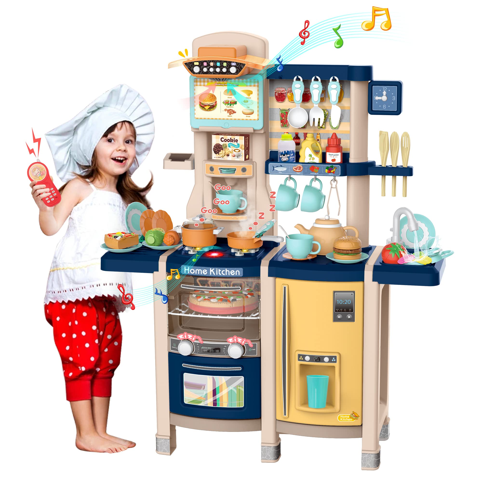 65-Piece Kids Kitchen Playset with Lights & Sounds - Interactive Toy Kitchen with Sink, Sprinkler & Cookware Accessories - Pretend Play for Boys & Girls Ages 3+ (Blue) - Perfect Gift for Birthday & Role-Playing Fun