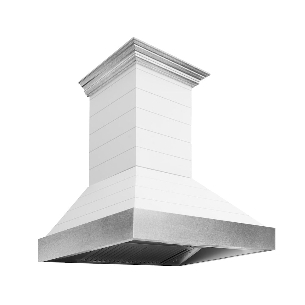 ZLINE 36 Inch Rustic Shiplap Wooden Wall Mount Range Hood - Bright White Finish with Stainless Steel Accents (Model 365WW 36) | Perfect for Farmhouse Kitchen, Modern Cabinets & Open Concept Homes