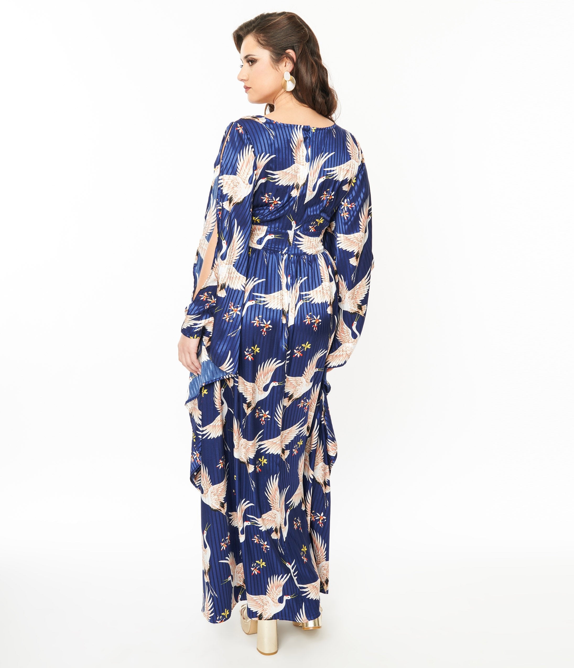 Vintage 1960s Navy Blue Crane Print Flutter Sleeve Caftan Dress - Retro Boho Beach Cover Up & Summer Party Wear