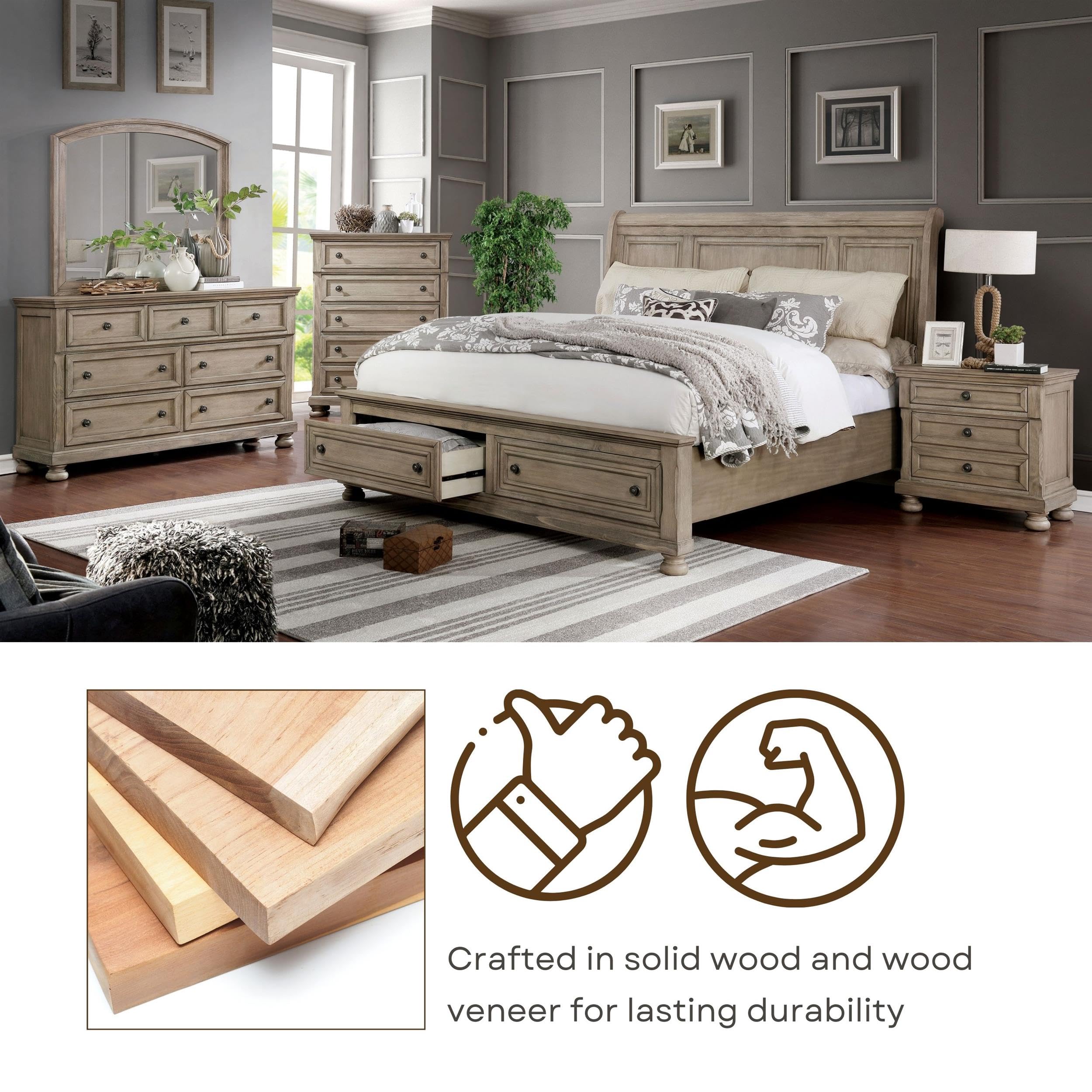 FOA Frigga Transitional 3-Piece Gray Wood Bedroom Set - Queen Bed & 2 Nightstands | Modern Bedroom Furniture for Home Decor | Perfect for Master Bedrooms, Guest Rooms & Apartments