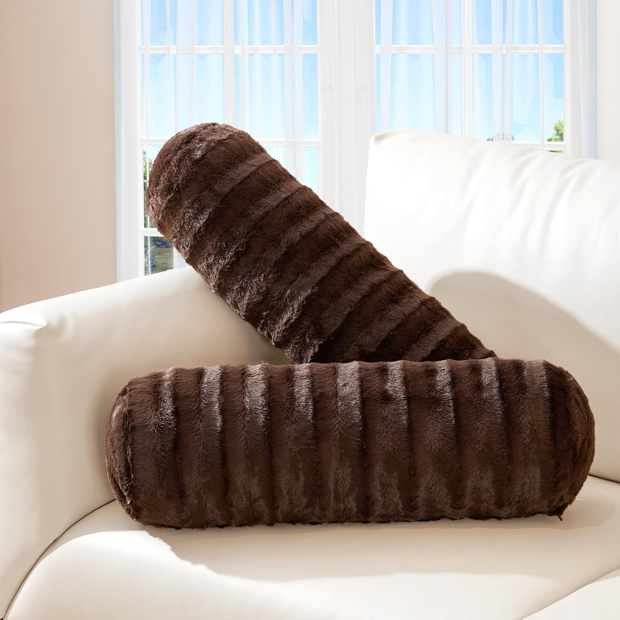 Cheer Collection Faux Fur Cylinder Pillows - 8” x 24” Decorative Bolster Pillows for Bed & Couch, Machine Washable (2pk, Choco) - Perfect for Living Room Sofa, Bedroom Decor & Home Accent