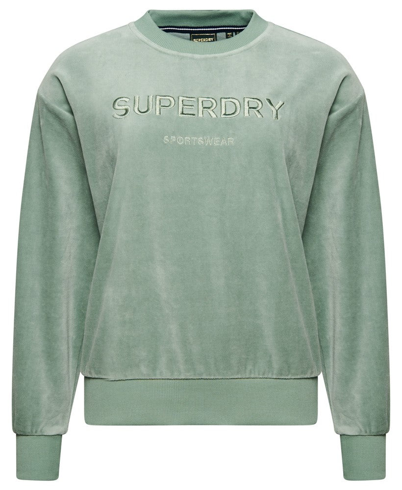 Velour Graphic Boxy Crew Sweatshirt for Women - Light Jade Green Oversized Pullover | Casual Streetwear, Loungewear, and Winter Fashion Outfit