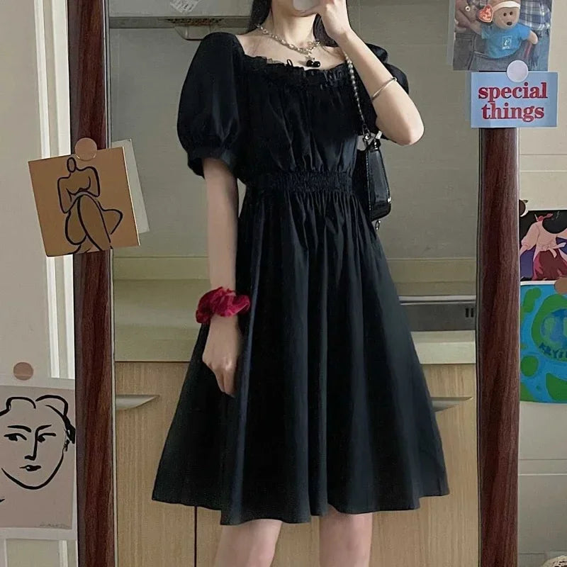 Gothic Black Puff Sleeve Wrap Dress for Women - Kawaii Cute Sundress | Dark Academia Aesthetic | Perfect for Casual Wear, Date Nights & Gothic Fashion Lovers