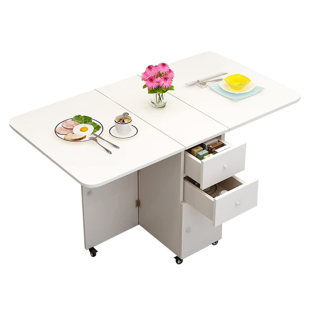 Modern Wood Pedestal Dining Table with Drop Leaf - Foldable Kitchen Table, White (55.1