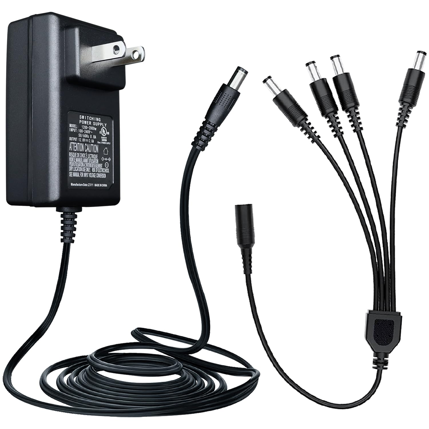 24W Universal Power Adapter 100-240V AC to 12V DC 2A Converter with 4-Port Splitter Cable - Compatible with CCTV Cameras, DVR/NVR Systems, LED Strip Lights - UL FCC CE Certified for Home & Office Security Setup