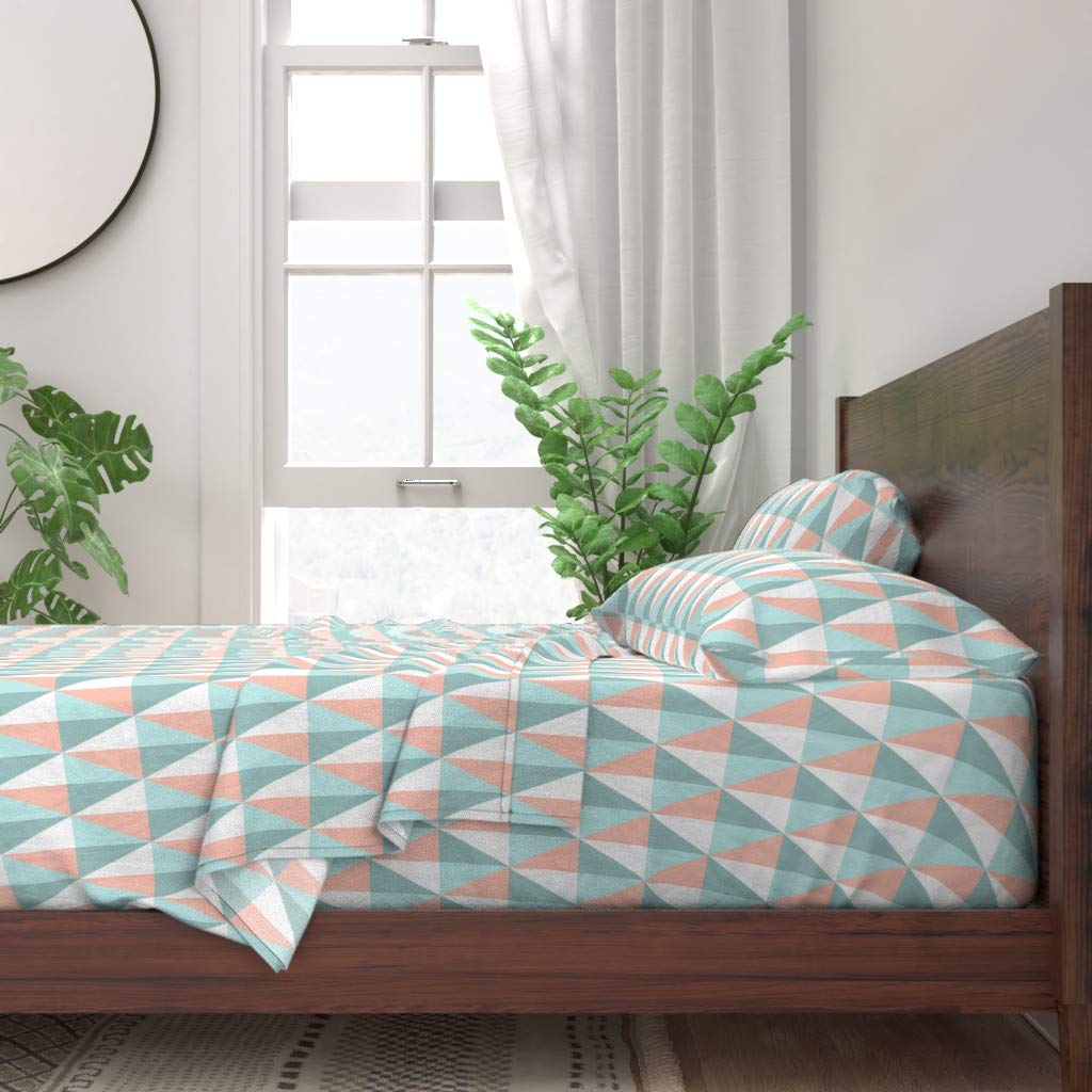 Spoonflower 100% Cotton Twin Size 3-Piece Sheet Set - Pastel Coral Aqua Triangle Geometric Abstract Print | Soft Breathable Bedding for Baby Nursery, Kids Room & Guest Bed