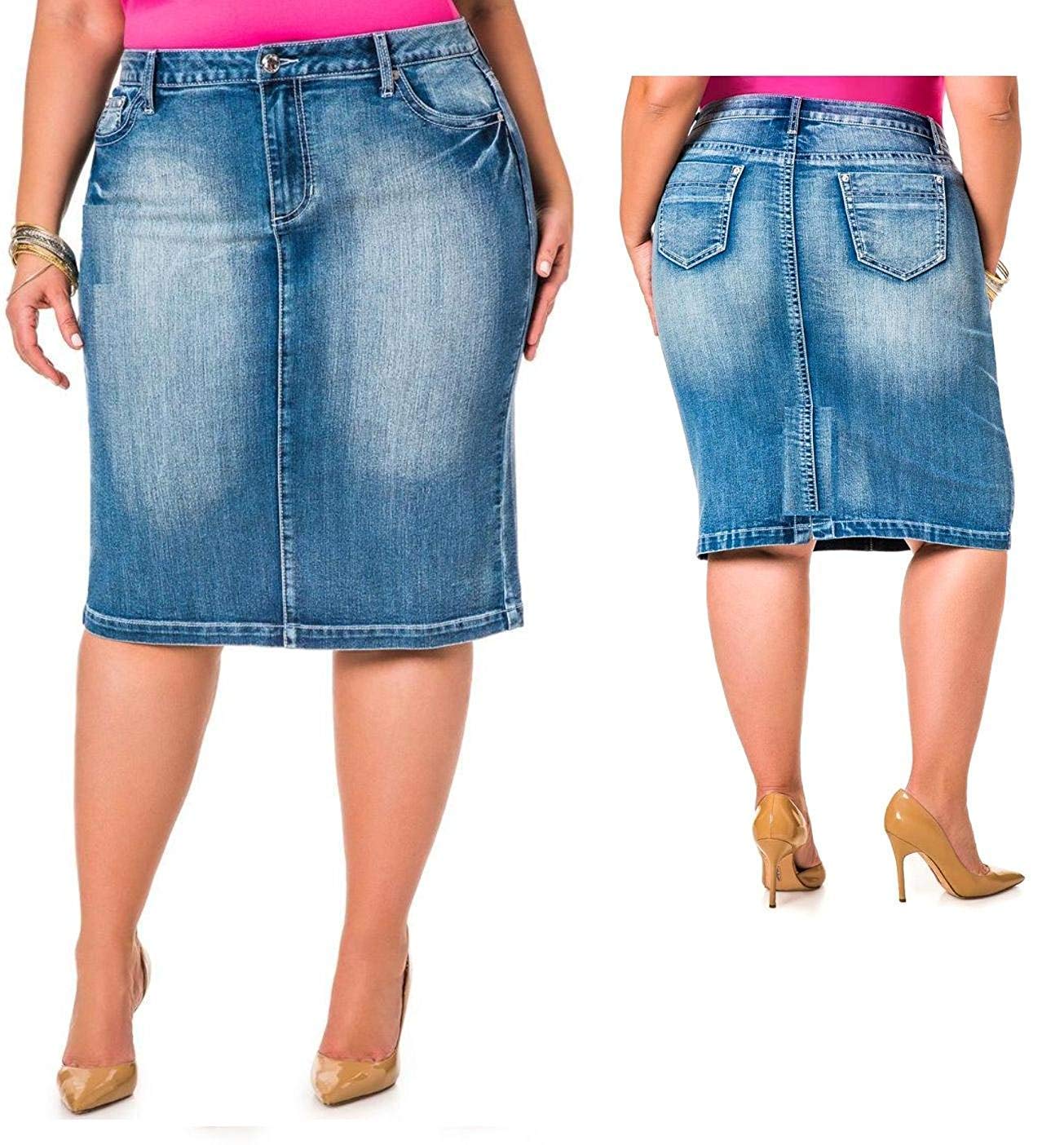 Jack David & Voir Twill Women's Plus Size Stretch Denim Button Front Skirt - 1X 2X 3X - Comfortable & Stylish for Casual Wear, Office & Date Nights
