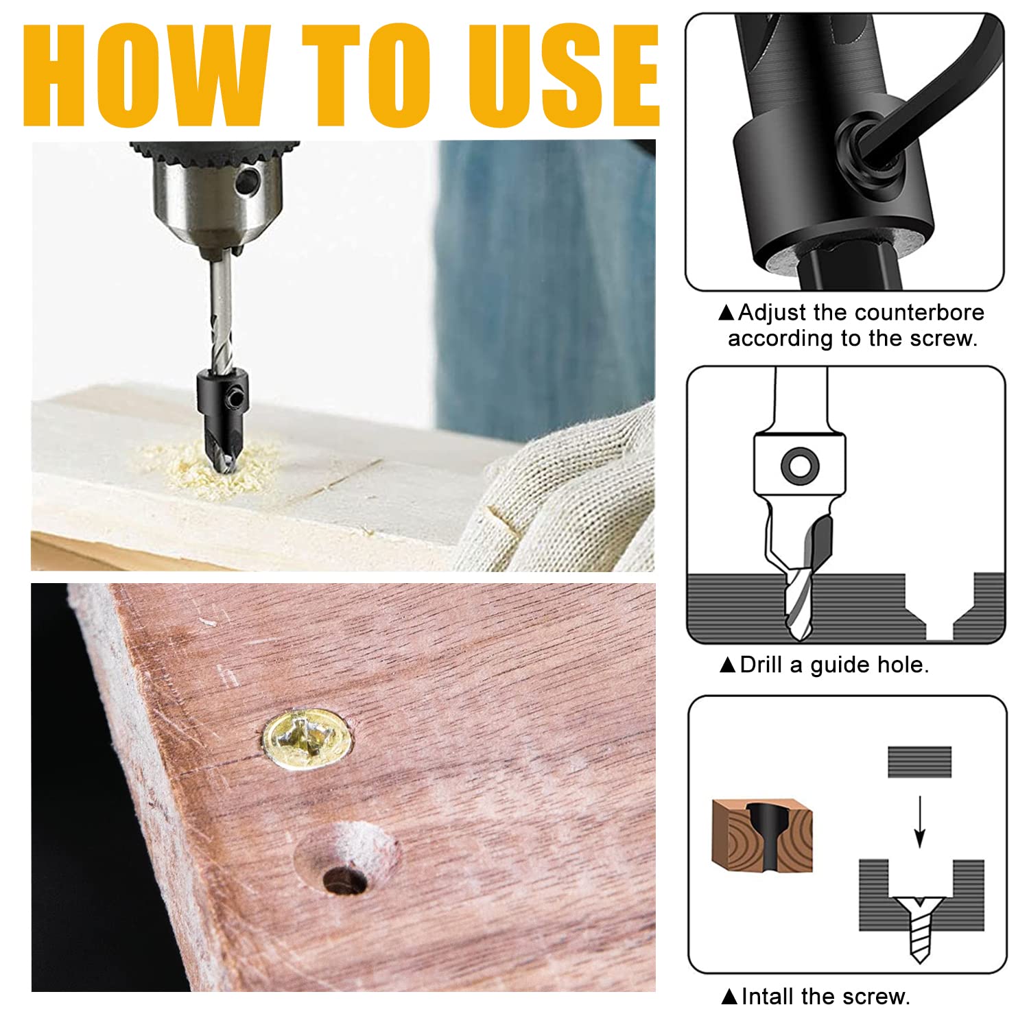 Newdeli 5-Piece Wood Countersink Drill Bit Set (#4,6,8,10,12) - Tapered Bits with 1/4