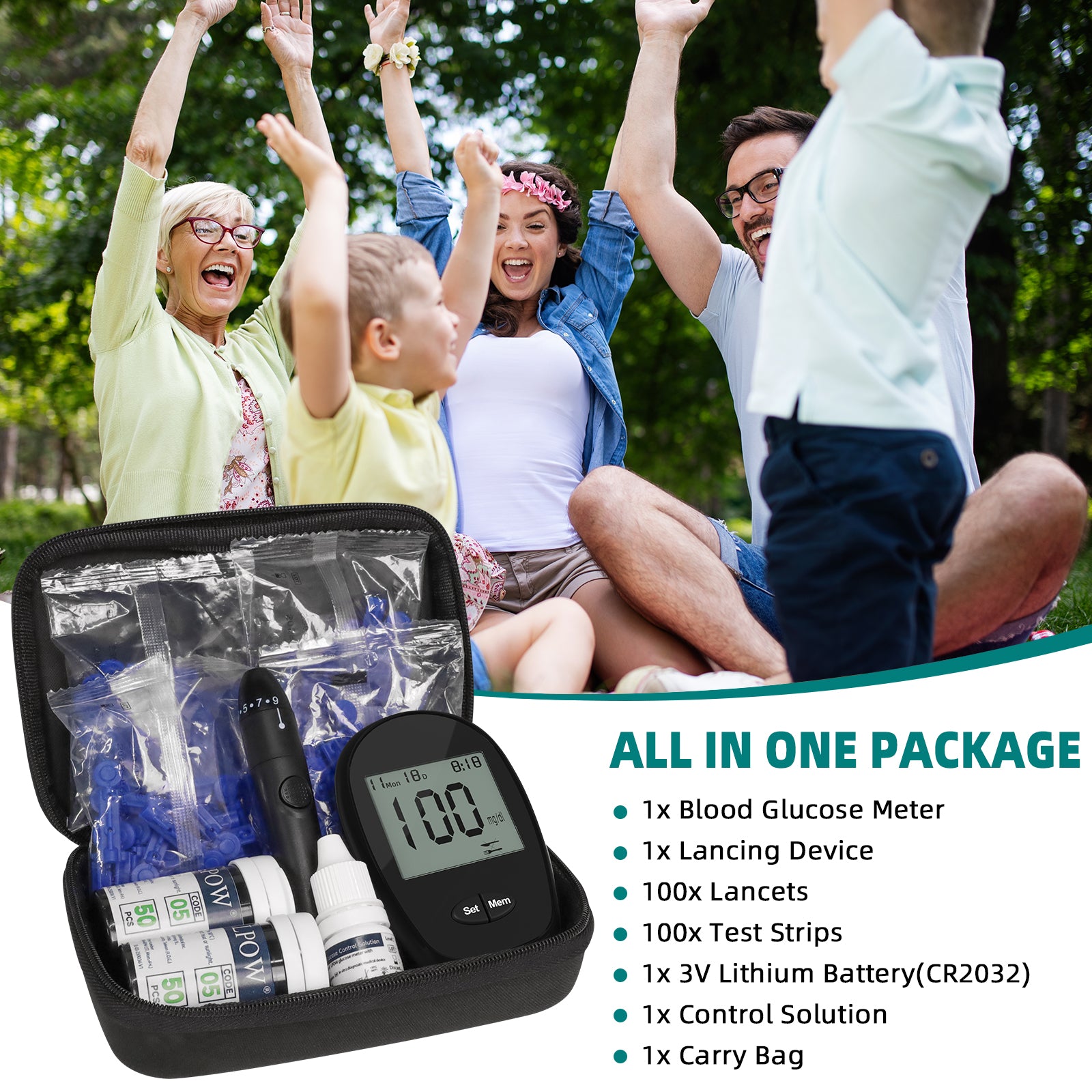 LPOW Blood Glucose Monitor Kit - 100 Test Strips, 100 Lancets, Glucose Meter, Control Solution, Lancing Device & Travel Case | Home Diabetes Testing for Adults & Seniors