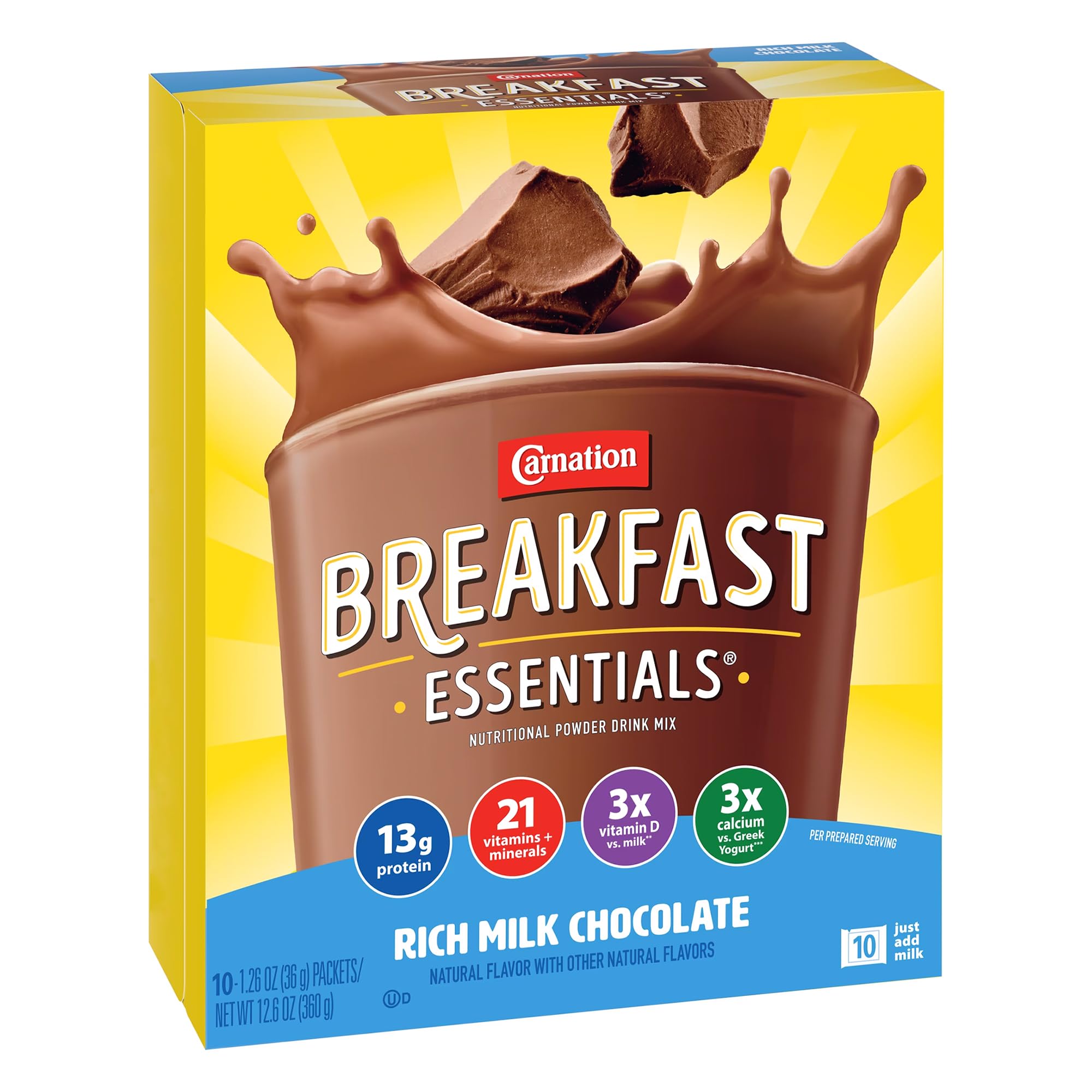 Carnation Breakfast Essentials Powder Drink Mix - Rich Milk Chocolate Flavor, 10 Packets (1.26 oz Each) | 6 Boxes | High Protein Nutrition for Kids & Adults | Perfect for Busy Mornings, Post-Workout Recovery & On-the-Go Energy