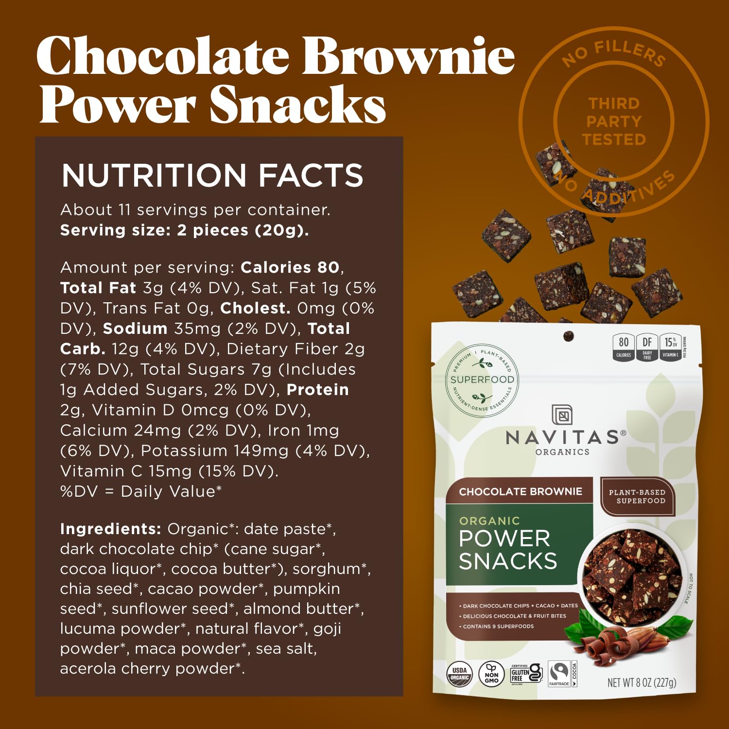 Navitas Organics Superfood Power Snacks - Organic Chocolate Cacao Energy Bites, 8oz Bag | Non-GMO, Gluten-Free, Vegan | Perfect for Hiking, Workouts & Healthy On-the-Go Snacking
