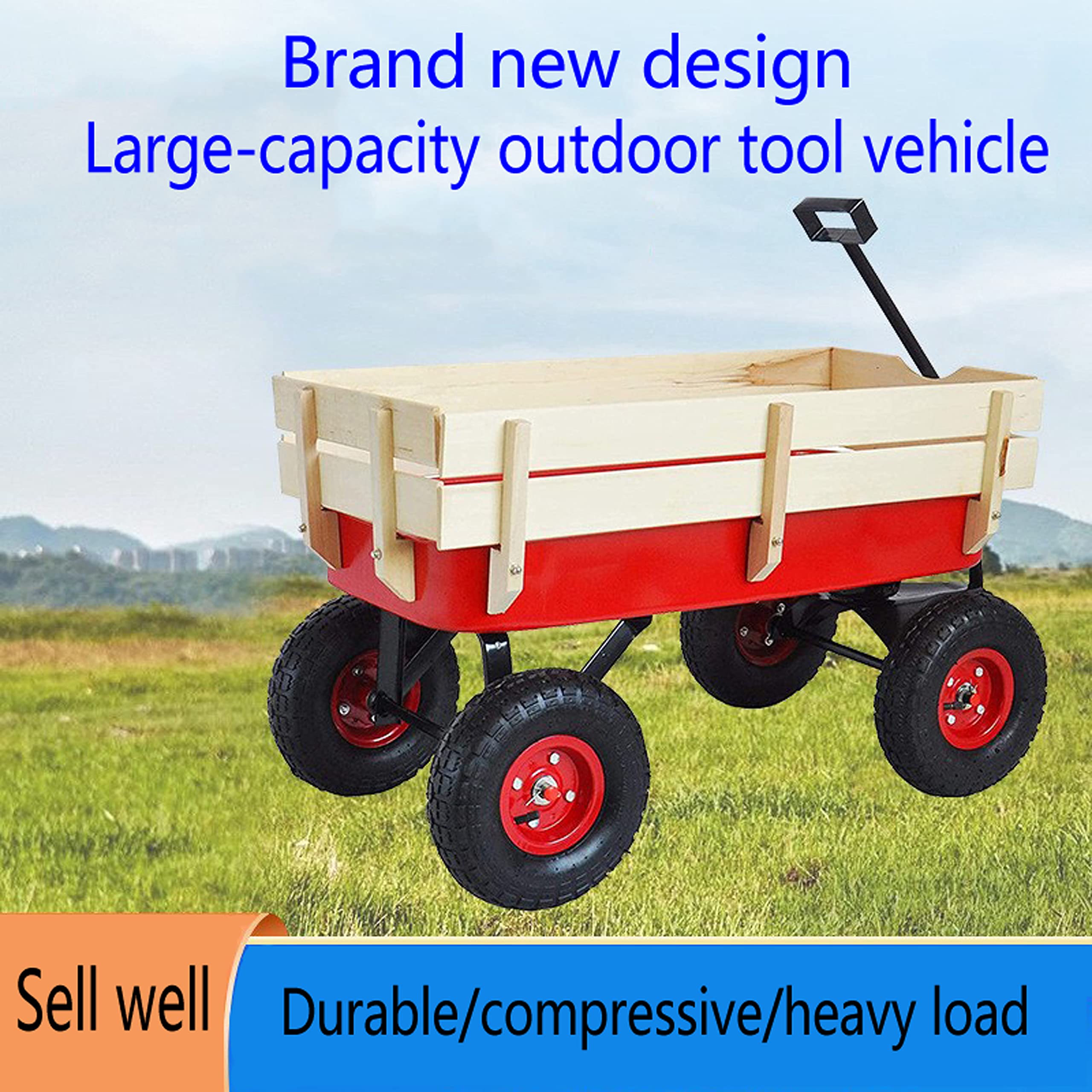 All-Terrain Outdoor Wagon with Wooden Railings & Air-Filled Tires - Heavy Duty Collapsible Garden Cart for Kids, Beach, Camping & Yard Work (Red)