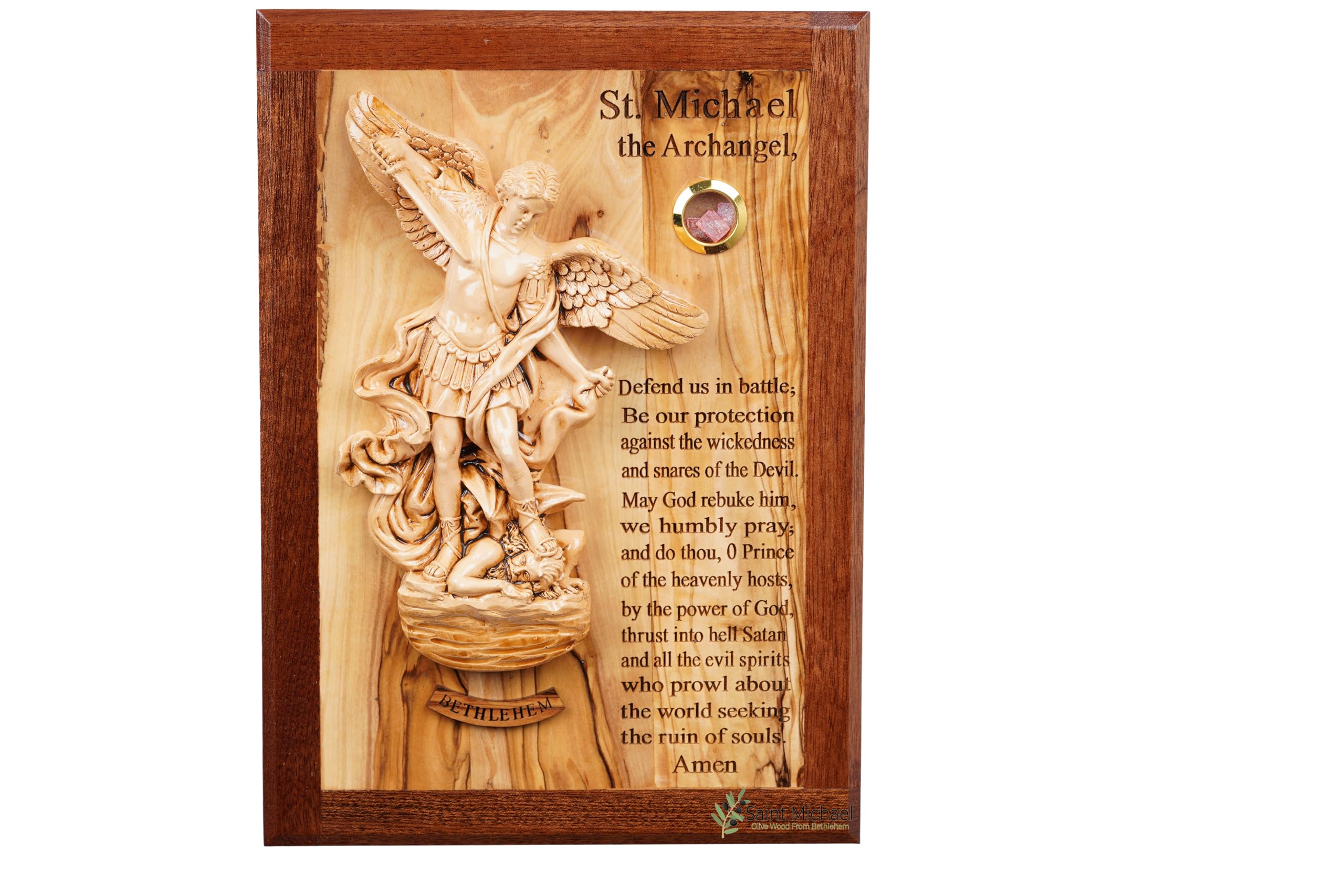 Handmade St. Michael Wall Sculpture - Olive Wood Religious Art from Holy Land | Archangel Michael Prayer Decor for Home, Church & Spiritual Spaces
