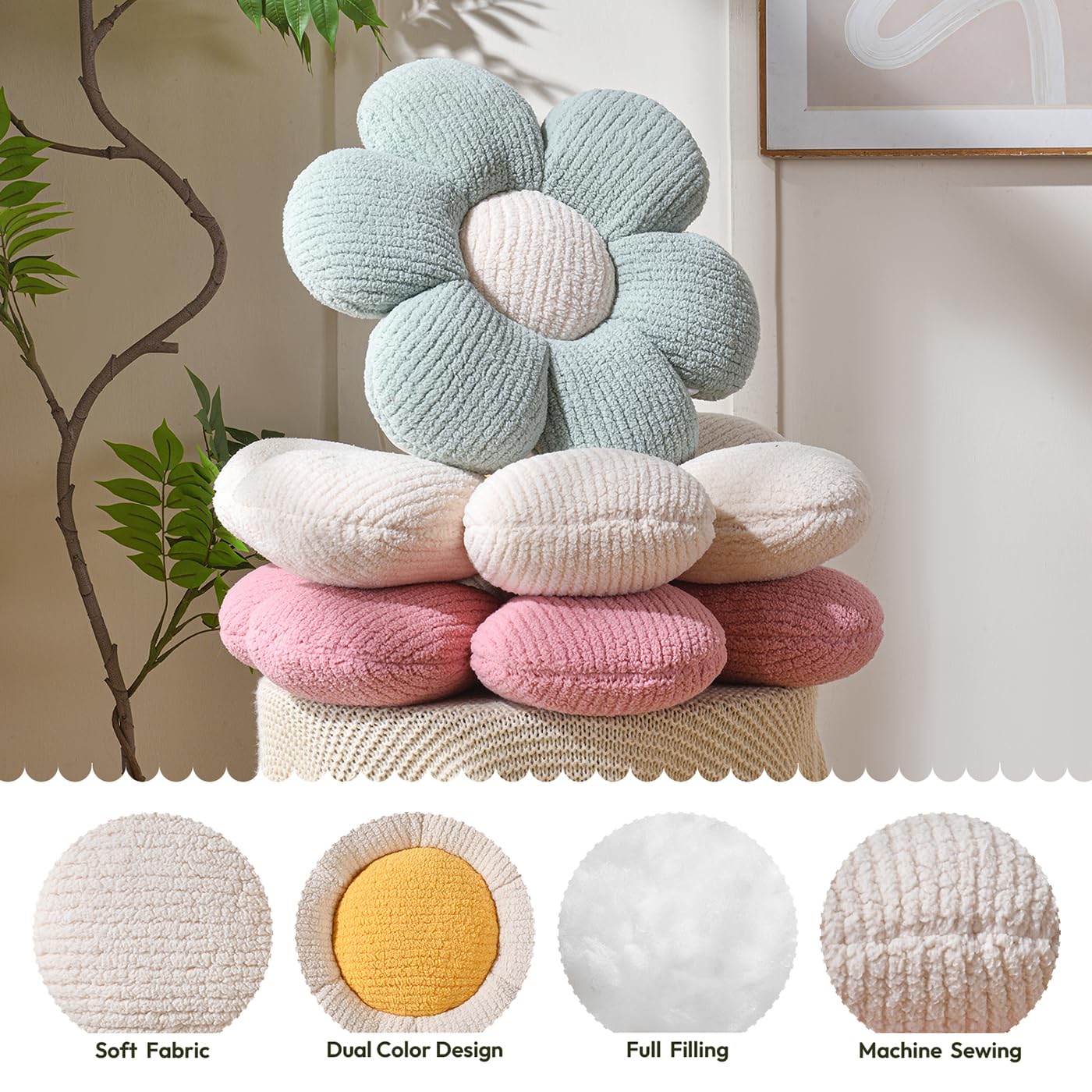 Floral Shaped Pillow - Soft Flower Floor Cushion for Home Decor, Aesthetic Accent Pillow for Bed, Sofa & Couch (White, 19.7