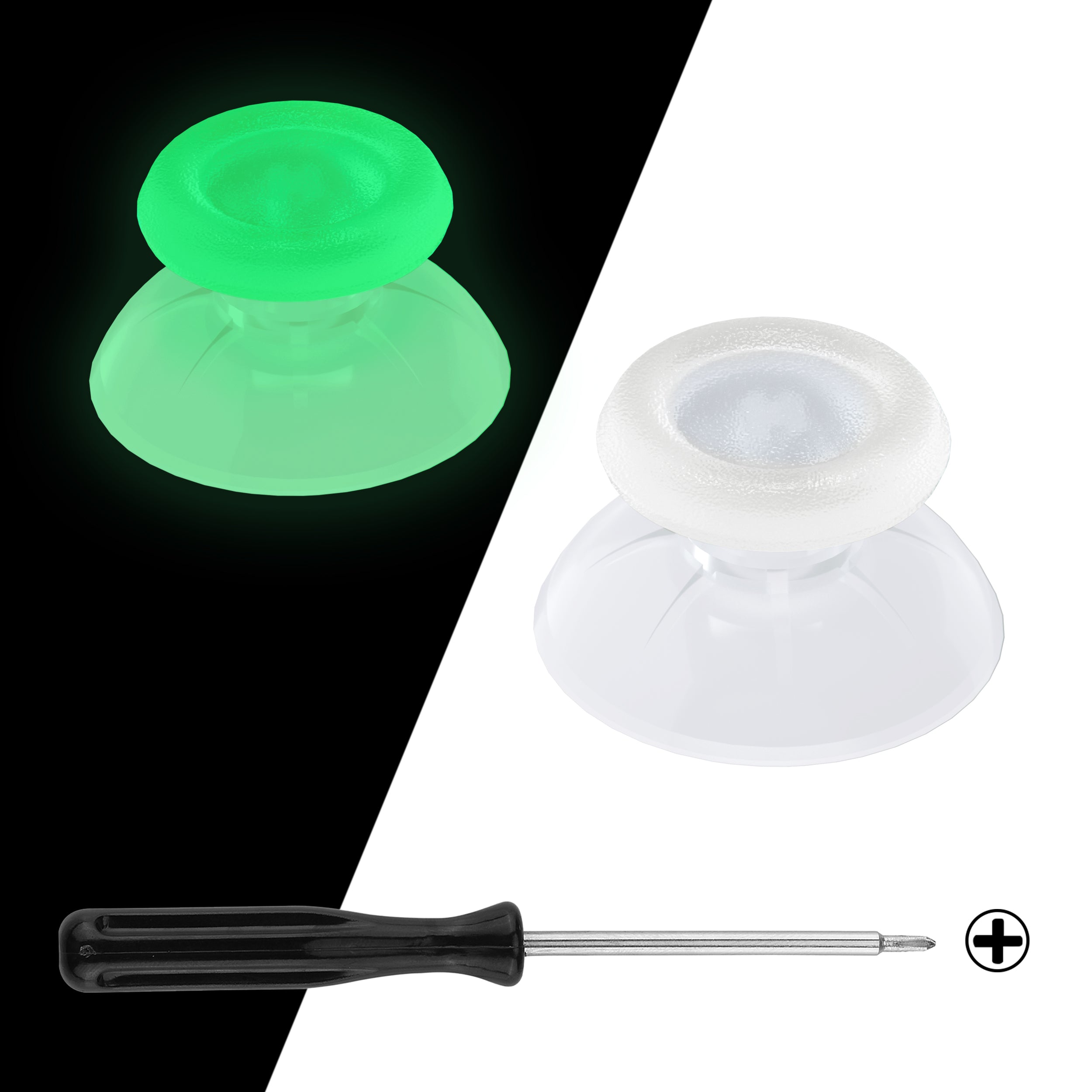eXtremeRate Glow in Dark Green Dual Color 3D Replacement Joystick Thumbsticks for PS4 Slim/Pro Controller - Includes Phillips Screwdriver (P4J0133) | Perfect for Gaming in Low Light & Nighttime Play