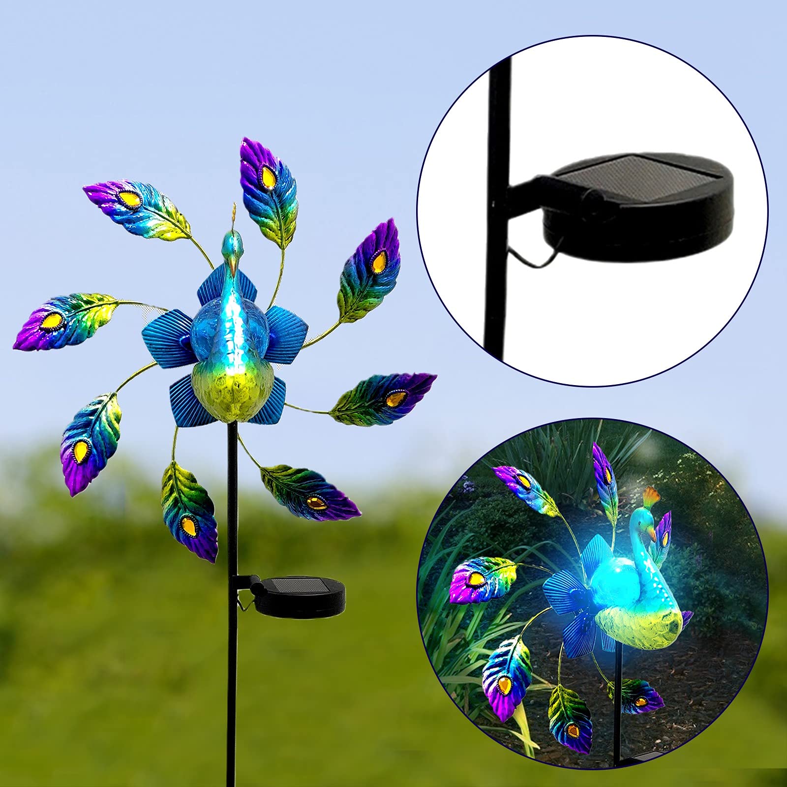 40 Inch Solar Peacock Stake Lights - Outdoor Metal Garden Decor with LED Solar Power for Patio, Yard, Lawn - Perfect for Landscape Lighting, Pathway Illumination, and Nighttime Decoration