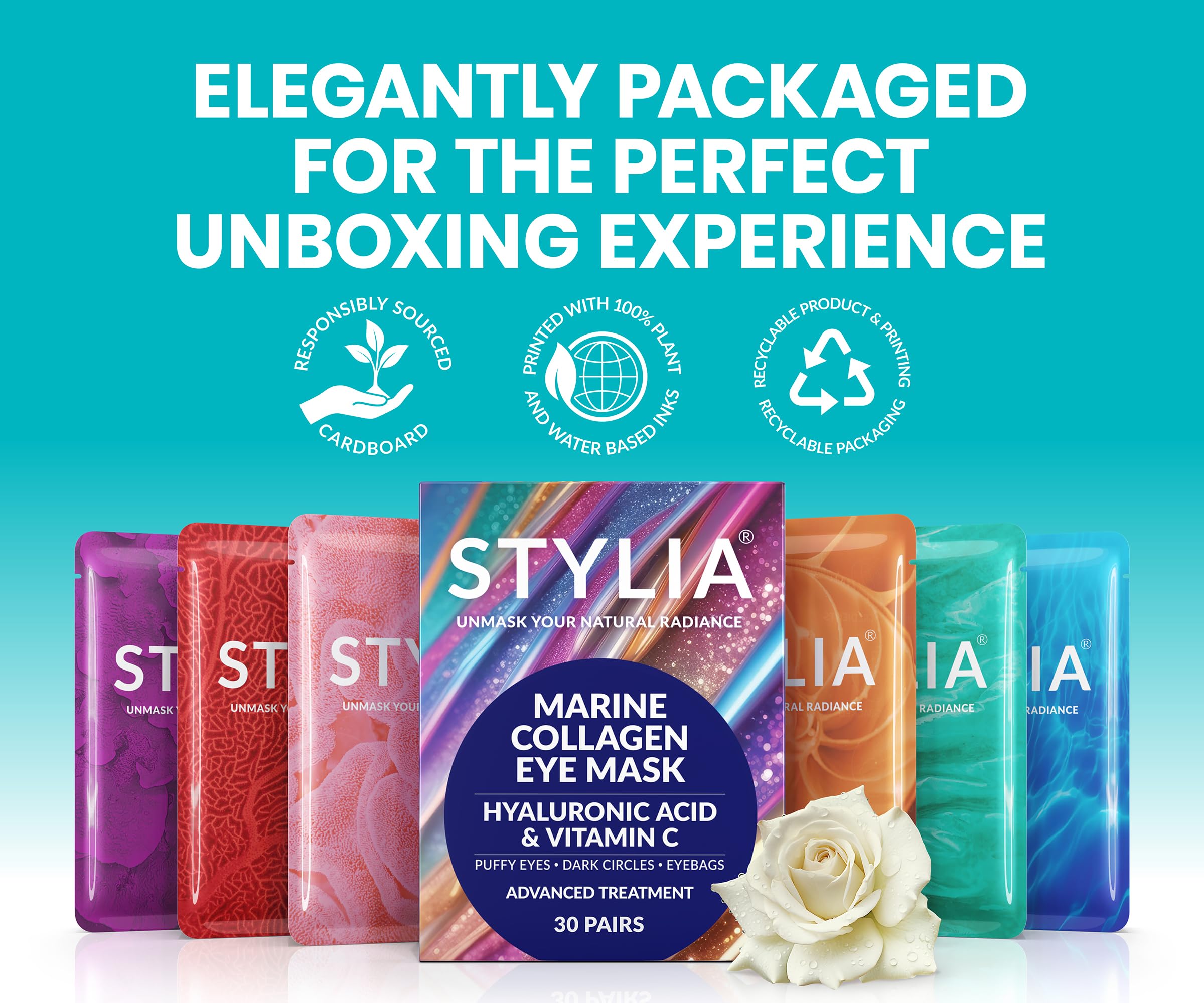 Stylia Under Eye Patches for Puffy Eyes & Dark Circles - 30 Pairs Marine Collagen Eye Mask with Vitamin C, Hyaluronic Acid & Pearl Extract - Reduce Puffiness & Brighten Dark Circles - Perfect for Morning Skincare Routine & Travel Essentials