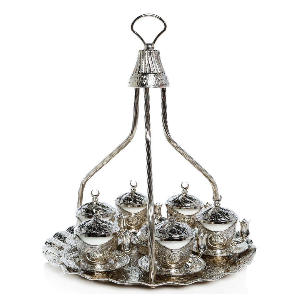 Premium Espresso Coffee Cups Set - Turkish Arabic Greek Coffee Set for Women & Men - Elegant Silver Coffee Cups for 6 People with High Tray - Perfect for Home, Office, Wedding Gifts & Entertaining Guests