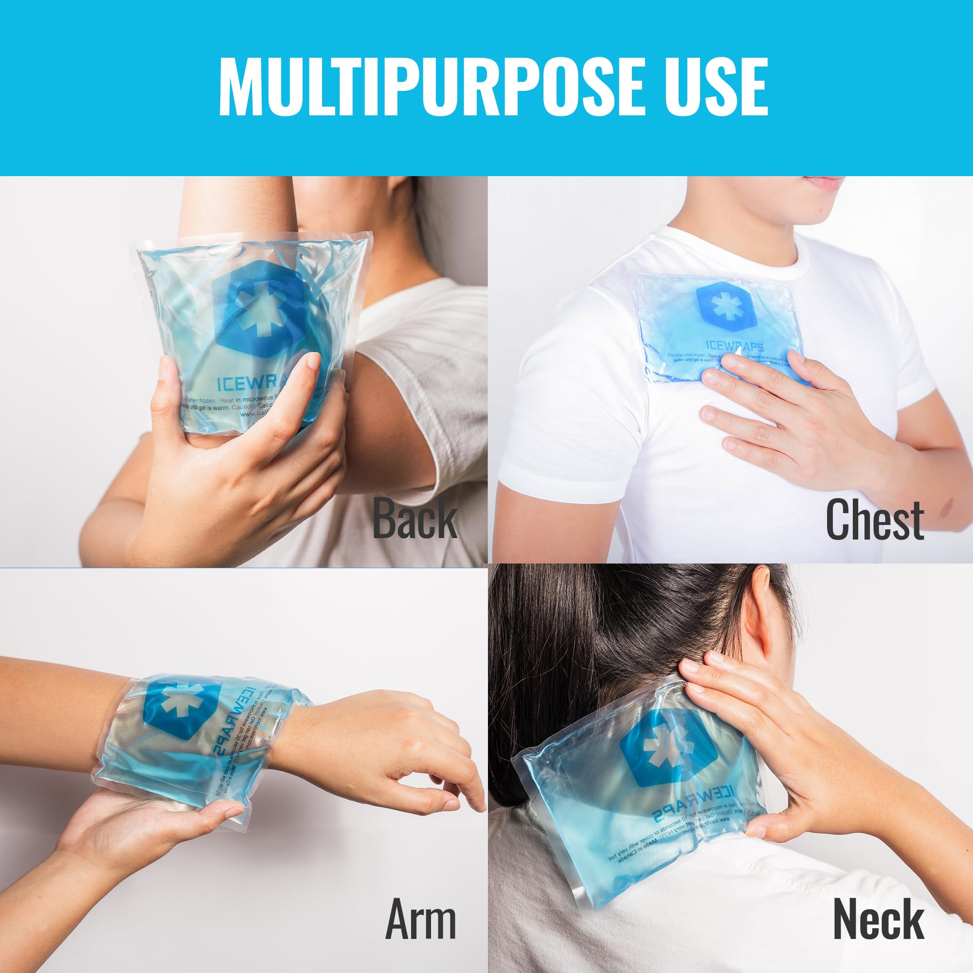 ICEWRAPS 5x7 Inch Reusable Hot & Cold Gel Ice Packs for Injuries - Pain Relief for Arm, Leg, Back, Migraines - Flexible Gel Compress for Sports Injuries, Post-Surgery Recovery & Muscle Soreness - Pack of 4