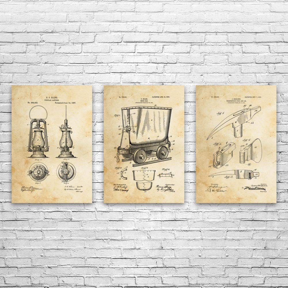 Vintage Mining Patent Posters Set of 3 - 24x36 Inch Blueprint Wall Art Decor for Miner Gifts, Homesteading & Frontier Themed Rooms - Perfect for Office, Man Cave or Industrial Style Home Decor
