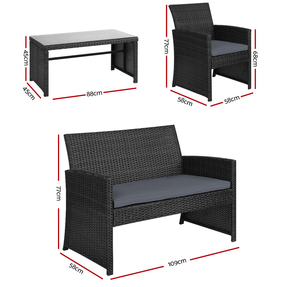 4-Piece Outdoor Rattan Sofa Set with Table - Black Patio Garden Furniture for Backyard, Poolside & Terrace Relaxation