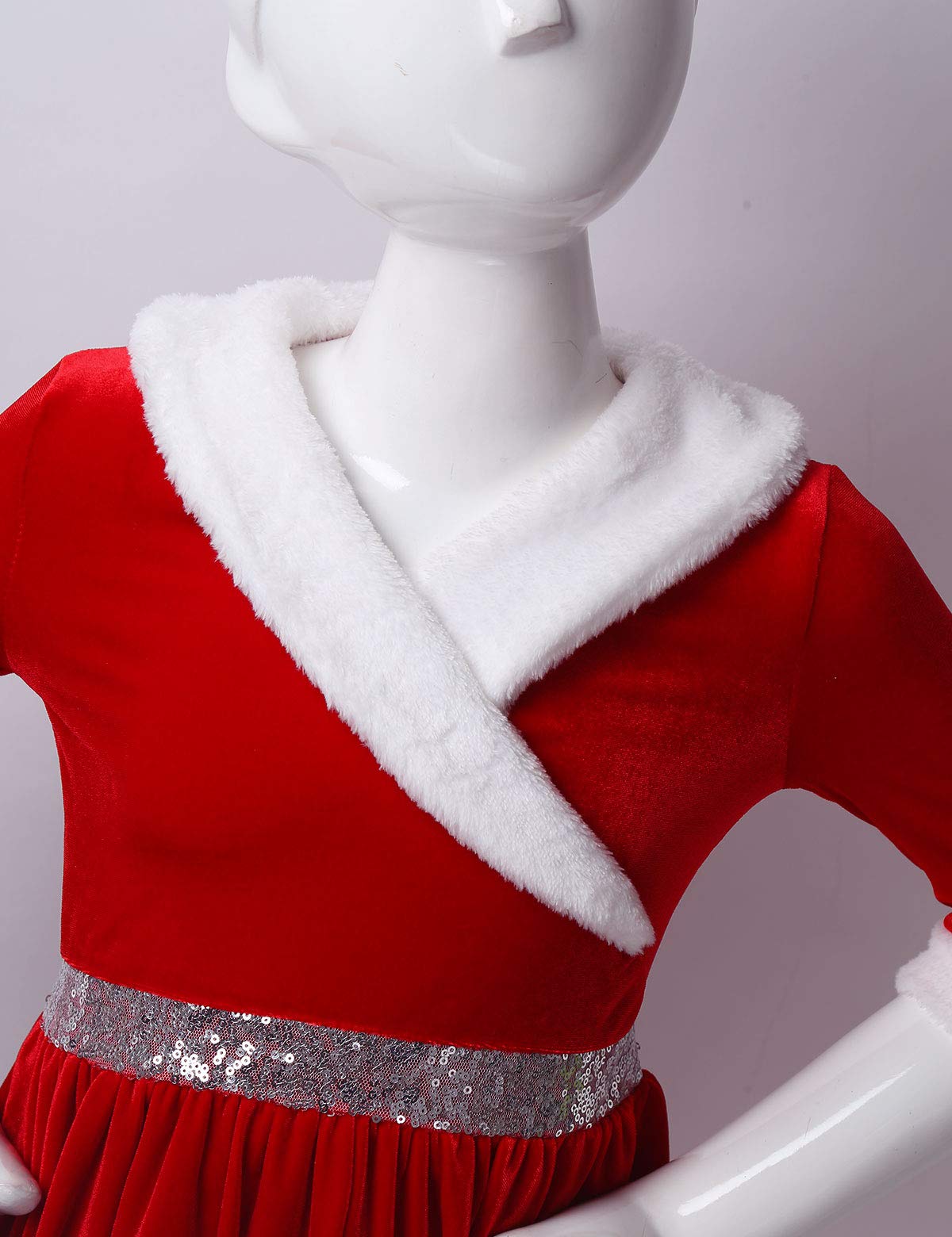 Kids Girls Long Sleeve Faux Fur Velvet Christmas Costume Ice Figure Skating Twirling Dress Dancewear - Holiday Party, Winter Performance, Recital Outfit