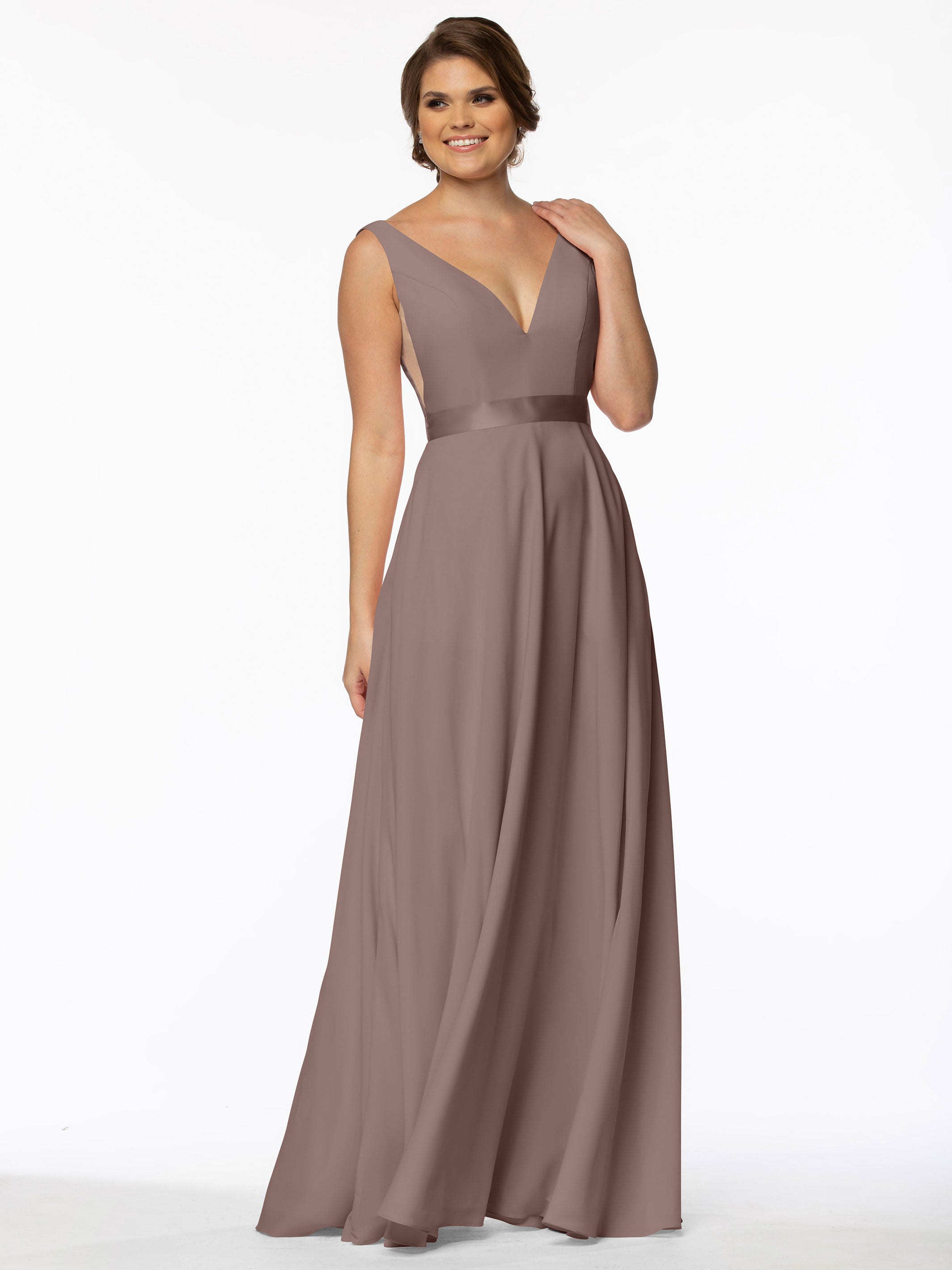 Elegant 80117 Stretch Chiffon A-Line Bridesmaid Dress with V-Neck & Sash - Perfect for Weddings, Formal Events & Special Occasions